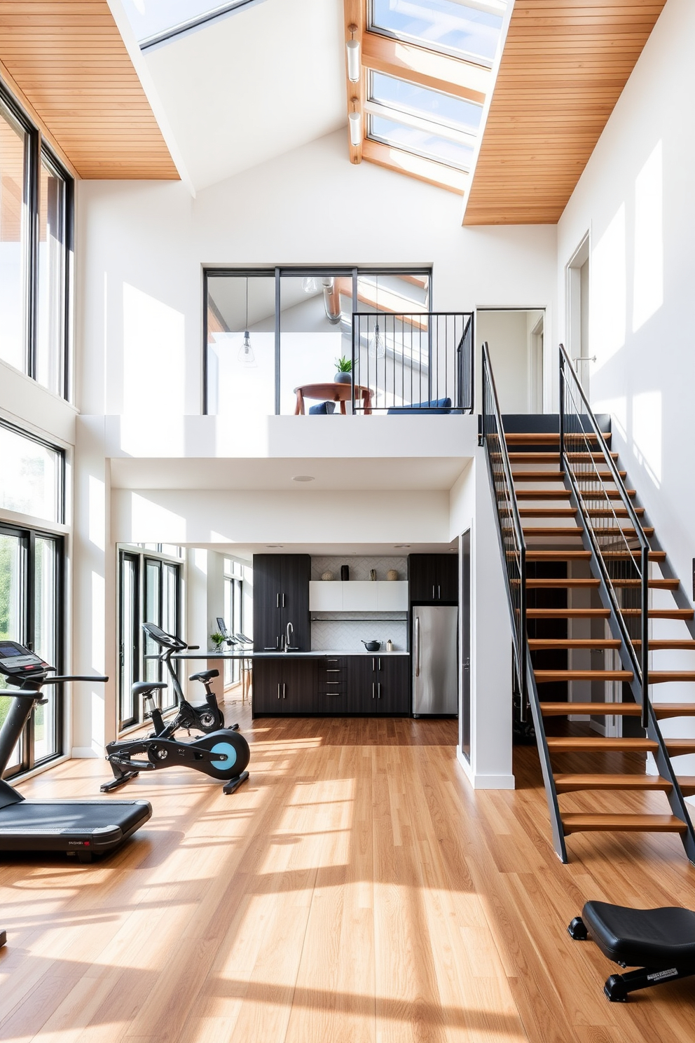 A spacious home gym filled with ample natural light streaming through large windows. The room features modern exercise equipment, wooden flooring, and a wall of mirrors to create an open and inviting atmosphere. A stylish two-story apartment designed with an open floor plan. The living area seamlessly connects to a contemporary kitchen, while a sleek staircase leads to a cozy loft space with a reading nook.