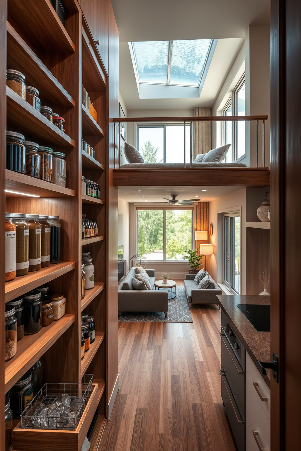 A well-organized pantry featuring wooden shelves filled with neatly arranged jars and containers for easy access. The pantry includes a pull-out spice rack and a small countertop for meal prep, illuminated by soft LED lighting. A two story apartment design showcasing an open concept living area with large windows allowing natural light to flood the space. The upper level features a cozy reading nook overlooking the living area, adorned with plush seating and a small bookshelf.