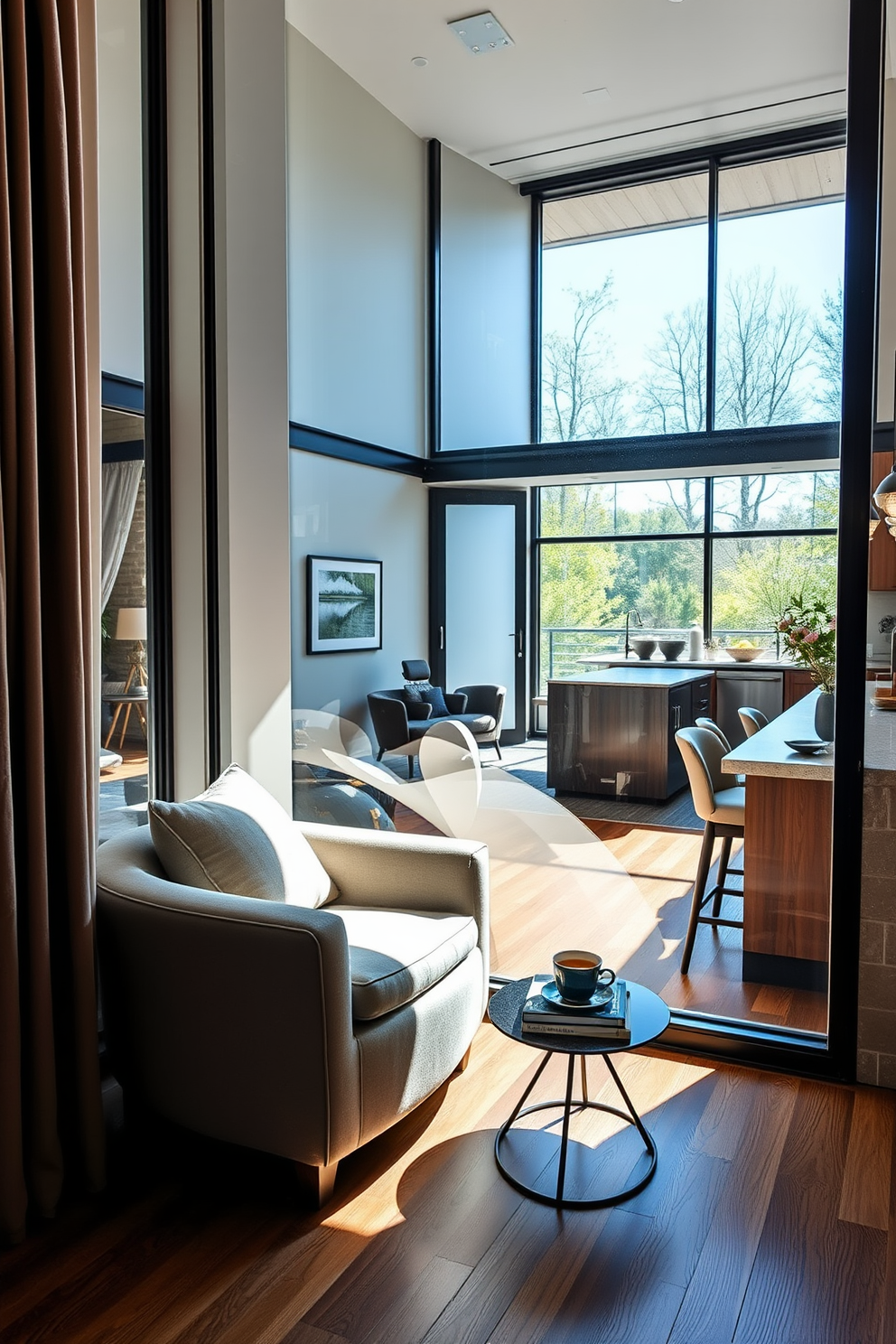 A cozy reading nook by the window features a plush armchair upholstered in soft fabric, accompanied by a small side table holding a steaming cup of tea. Natural light pours in through the large window, illuminating a collection of books neatly arranged on a nearby shelf. The two story apartment design includes an open-concept living area with high ceilings and large windows that create a bright and airy atmosphere. A modern kitchen with sleek cabinetry and an island for casual dining flows seamlessly into the stylish living room, which is adorned with comfortable seating and contemporary art.