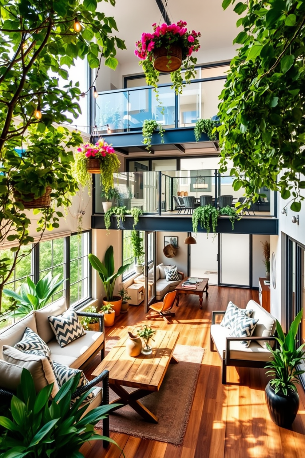 A relaxing outdoor patio surrounded by lush greenery features comfortable seating with plush cushions and a rustic wooden coffee table. String lights are draped overhead, creating a warm ambiance, while potted plants and hanging planters add vibrant splashes of color. A two-story apartment design showcases an open-concept living area with large windows that flood the space with natural light. The second floor includes a cozy loft area that overlooks the living room, complemented by a sleek glass railing and stylish furnishings.