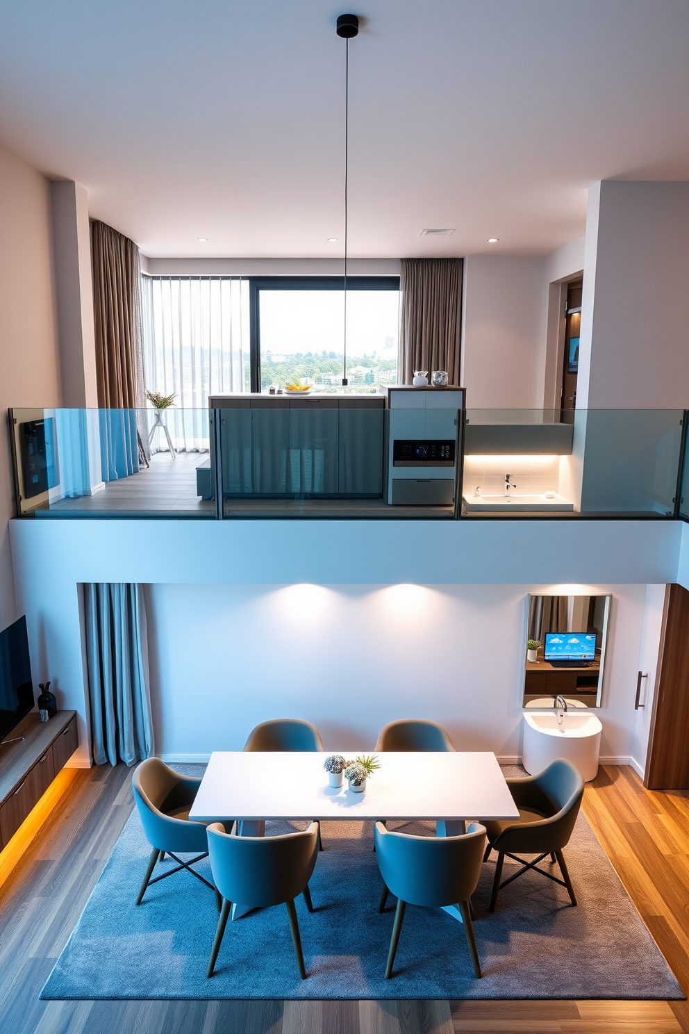 A modern two story apartment featuring seamless smart home technology integration. The living room showcases a sleek control panel that manages lighting, temperature, and security systems. In the kitchen, smart appliances are designed with minimalist aesthetics and voice-activated controls. The dining area includes a smart table that adjusts its height and lighting based on the time of day. The bedrooms are equipped with automated curtains and smart lighting that creates the perfect ambiance. Each bathroom features touchless faucets and smart mirrors that display weather and news updates.