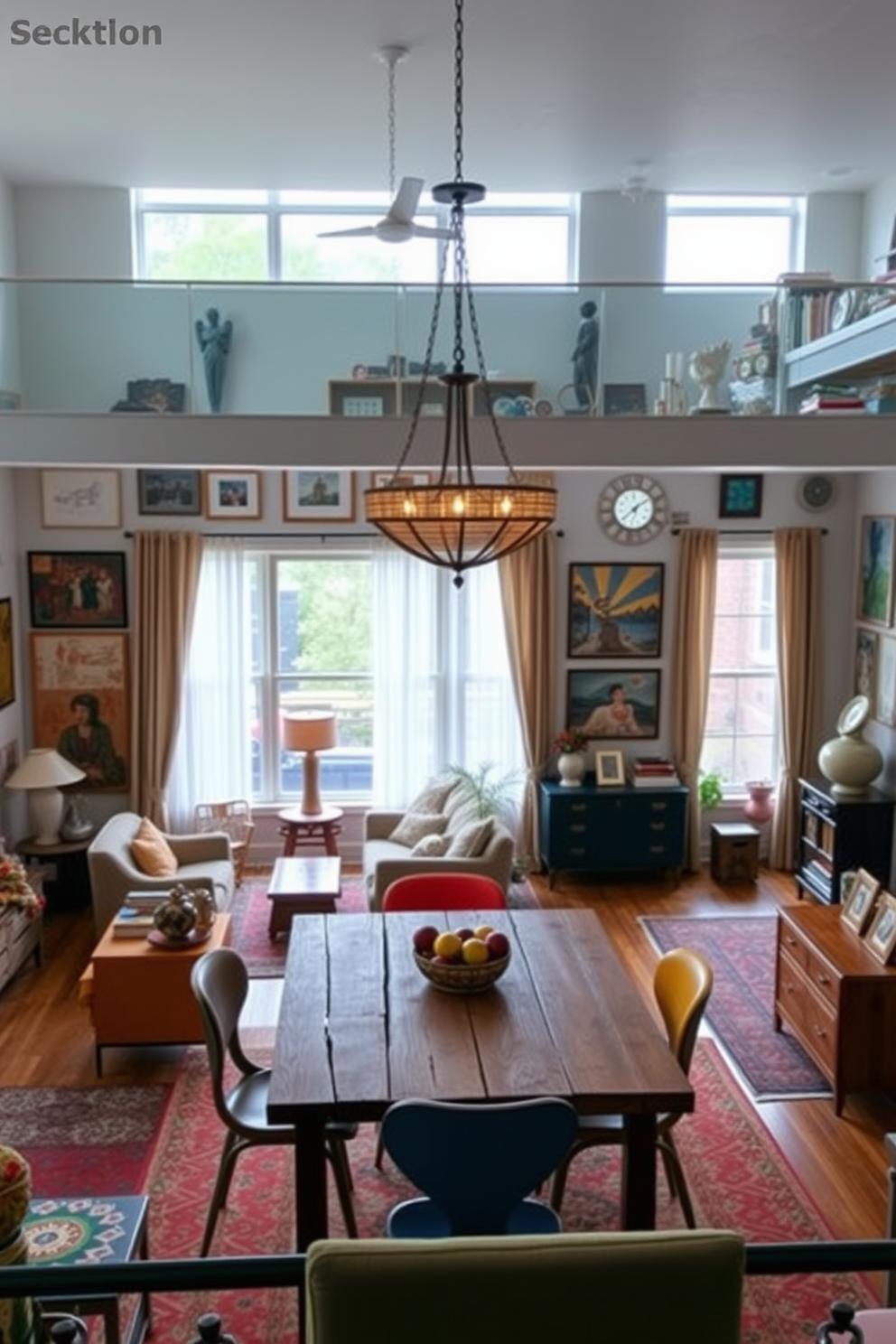 An eclectic mix of vintage and modern decor fills a spacious two-story apartment. The living area features a blend of mid-century furniture and contemporary art pieces, creating a vibrant and inviting atmosphere. The dining space showcases a rustic wooden table surrounded by colorful chairs, with a striking chandelier overhead. Large windows allow natural light to flood in, highlighting the unique decor elements throughout the apartment.