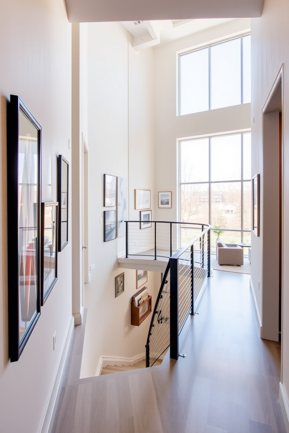 A bright hallway features large windows that allow natural light to flood the space. On the walls, framed artwork in various styles adds a personal touch and creates visual interest. The design of the two-story apartment incorporates an open floor plan that enhances the flow between living spaces. A stylish staircase with a modern railing serves as a focal point, leading to the upper level while maintaining a sense of openness.