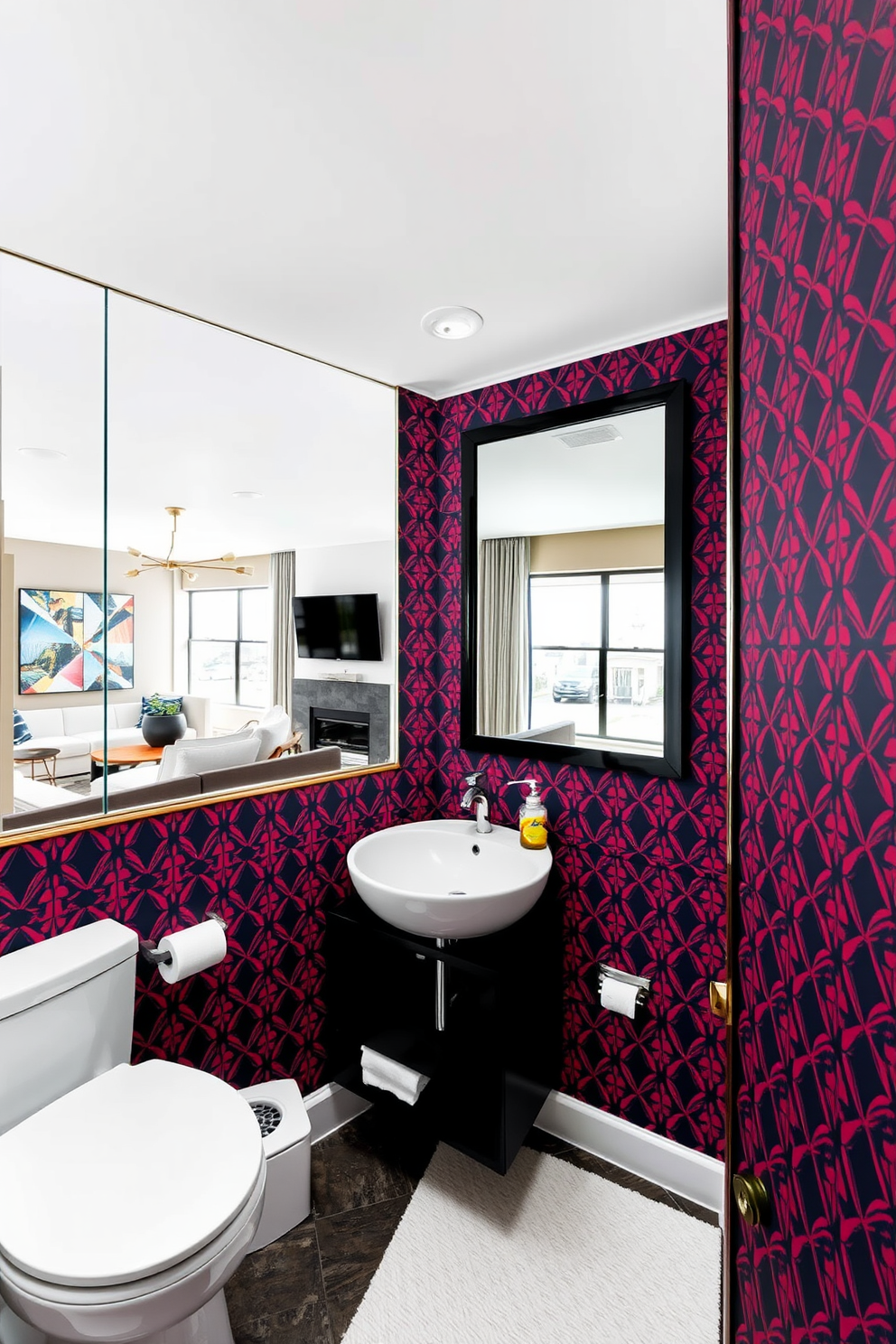 Stylish powder room with bold wallpaper. The walls are adorned with a vibrant geometric pattern that adds a striking focal point to the space. 2 Story Apartment Design Ideas. The open-concept layout features a seamless flow between the living and dining areas, enhanced by large windows that invite natural light.