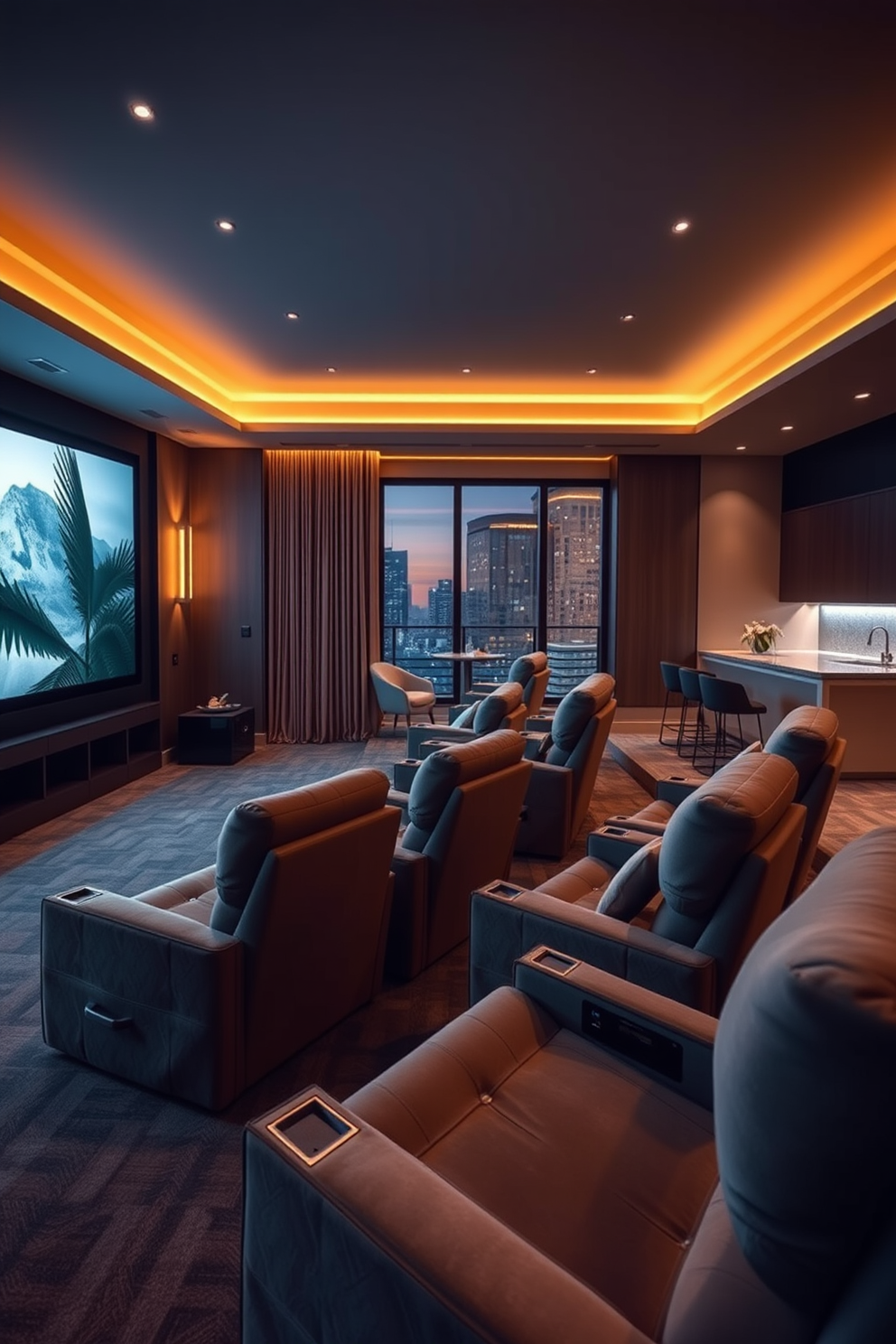 Chic home theater with comfortable seating. The room features plush reclining chairs arranged in a semi-circle facing a large screen, with soft ambient lighting creating a cozy atmosphere. 2 Story Apartment Design Ideas. The first floor includes an open-concept living area with a modern kitchen, while the second floor boasts a stylish bedroom with a balcony overlooking the cityscape.