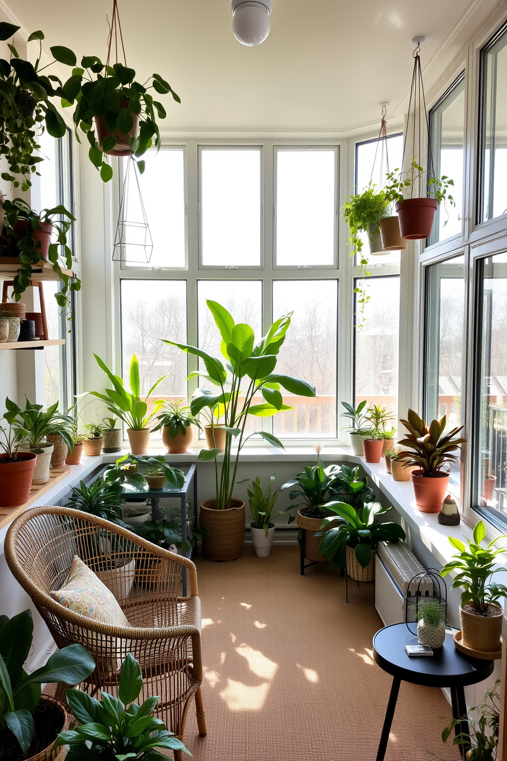 Inviting sunroom filled with plants. Large windows allow natural light to flood the space, creating a warm and welcoming atmosphere. The room features a variety of indoor plants in decorative pots, arranged on shelves and hanging from the ceiling. Comfortable seating, such as a cozy wicker chair and a small side table, provides a perfect spot to relax and enjoy the greenery. 2 Story Apartment Design Ideas. The first floor includes an open concept living area with a modern kitchen and a spacious dining space. The second floor features a serene bedroom with a private balcony, allowing for stunning views and fresh air.