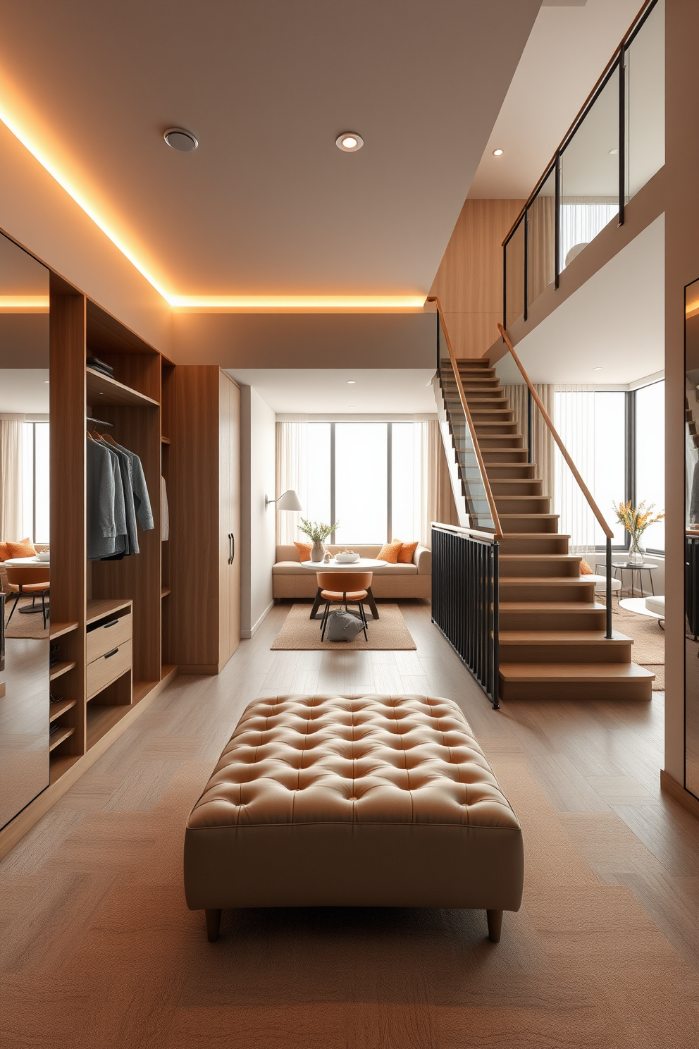 A spacious walk-in closet in the master bedroom features custom shelving and hanging space for clothing. Soft LED lighting illuminates the area, while a plush ottoman sits in the center for comfort. The design includes a full-length mirror on one wall and elegant shoe racks on the opposite side. Neutral tones and natural wood finishes create a warm and inviting atmosphere. Two-story apartment design ideas showcase an open-concept living area that seamlessly connects the kitchen and dining space. Large windows flood the room with natural light, enhancing the airy feel of the layout. The second floor features a cozy lounge area overlooking the living space below. A modern staircase with sleek railings serves as a striking focal point in the home.