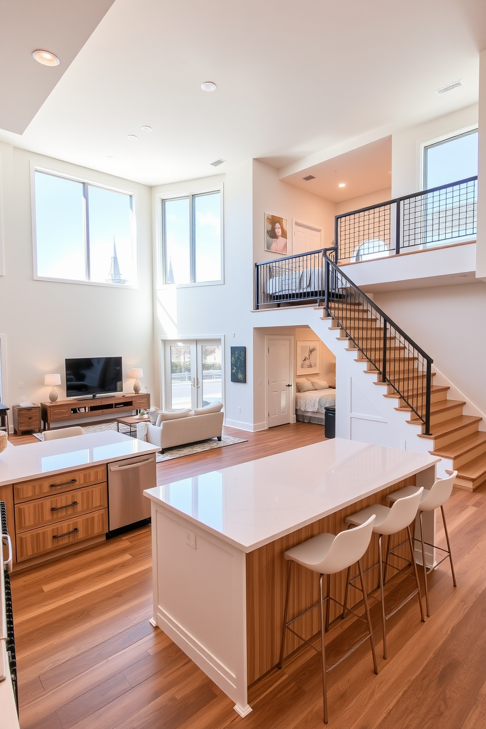 A modern kitchen featuring a large central island with seating for four. The cabinetry is sleek and white, complemented by stainless steel appliances and a stylish backsplash. For the two-story apartment design, envision an open-concept living space that seamlessly connects the kitchen and living area. Large windows allow natural light to flood the space, highlighting the contemporary furnishings and elegant decor.