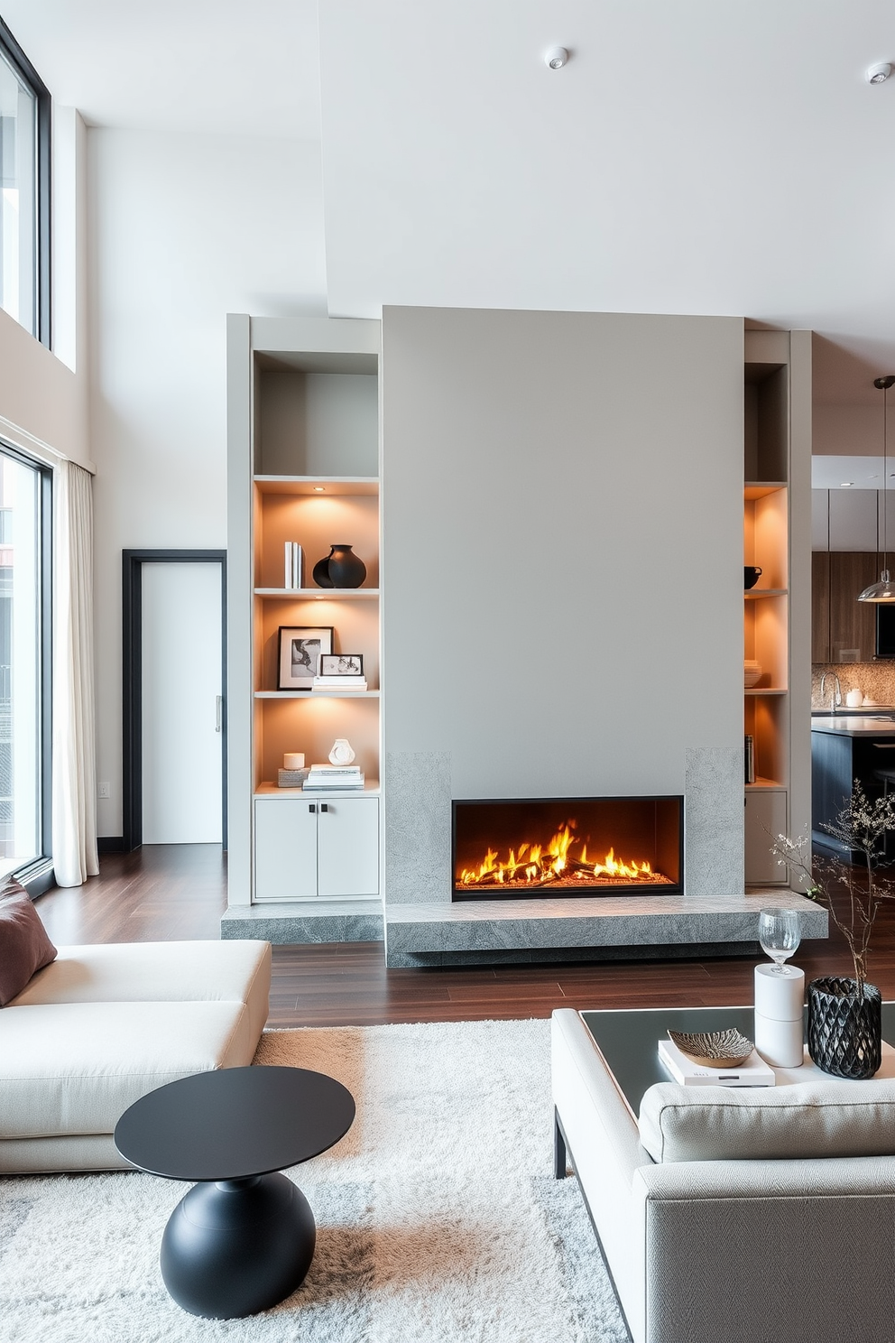 A contemporary fireplace serves as the stunning focal point of the living area, surrounded by sleek built-in shelves displaying curated decor. The warm tones of the fireplace contrast beautifully with the cool, neutral palette of the room, creating an inviting atmosphere. The design features an open layout that seamlessly connects the living space to a modern kitchen, enhancing the flow of the apartment. Large windows flood the area with natural light, highlighting the elegant furnishings and stylish accents throughout.