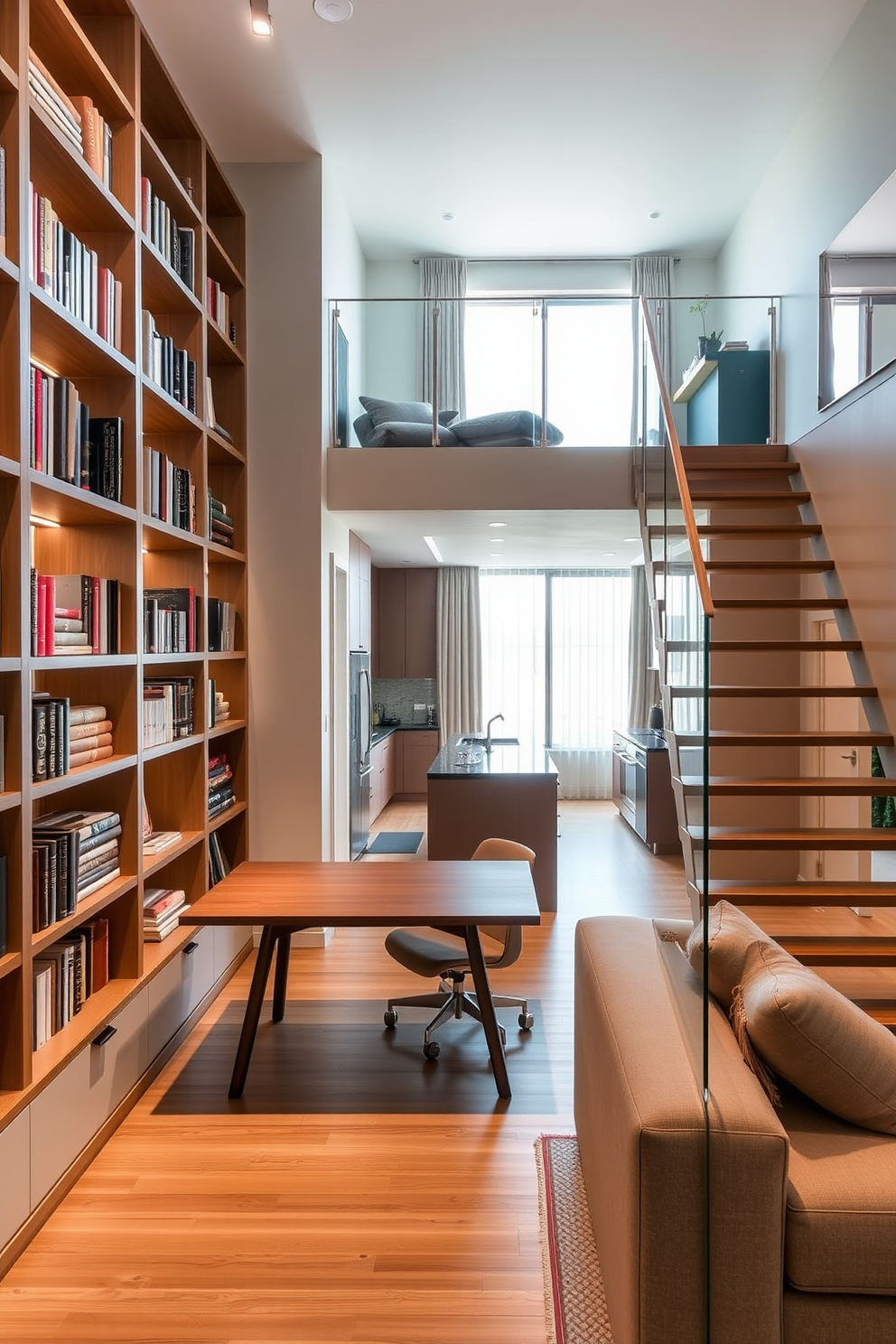 A stylish home office features built-in shelves that stretch from floor to ceiling, filled with books and decorative items. A sleek wooden desk sits in front of a large window, allowing natural light to illuminate the space. For the two-story apartment design, the layout includes an open-concept living area that seamlessly connects to a modern kitchen. A staircase with glass railings leads to a cozy loft space, perfect for a reading nook or home office.