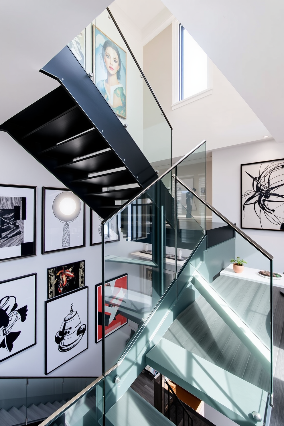 A modern staircase elegantly ascends with a sleek glass railing that enhances the open feel of the space. The surrounding walls are adorned with contemporary artwork, creating a striking visual contrast in this two-story apartment design.