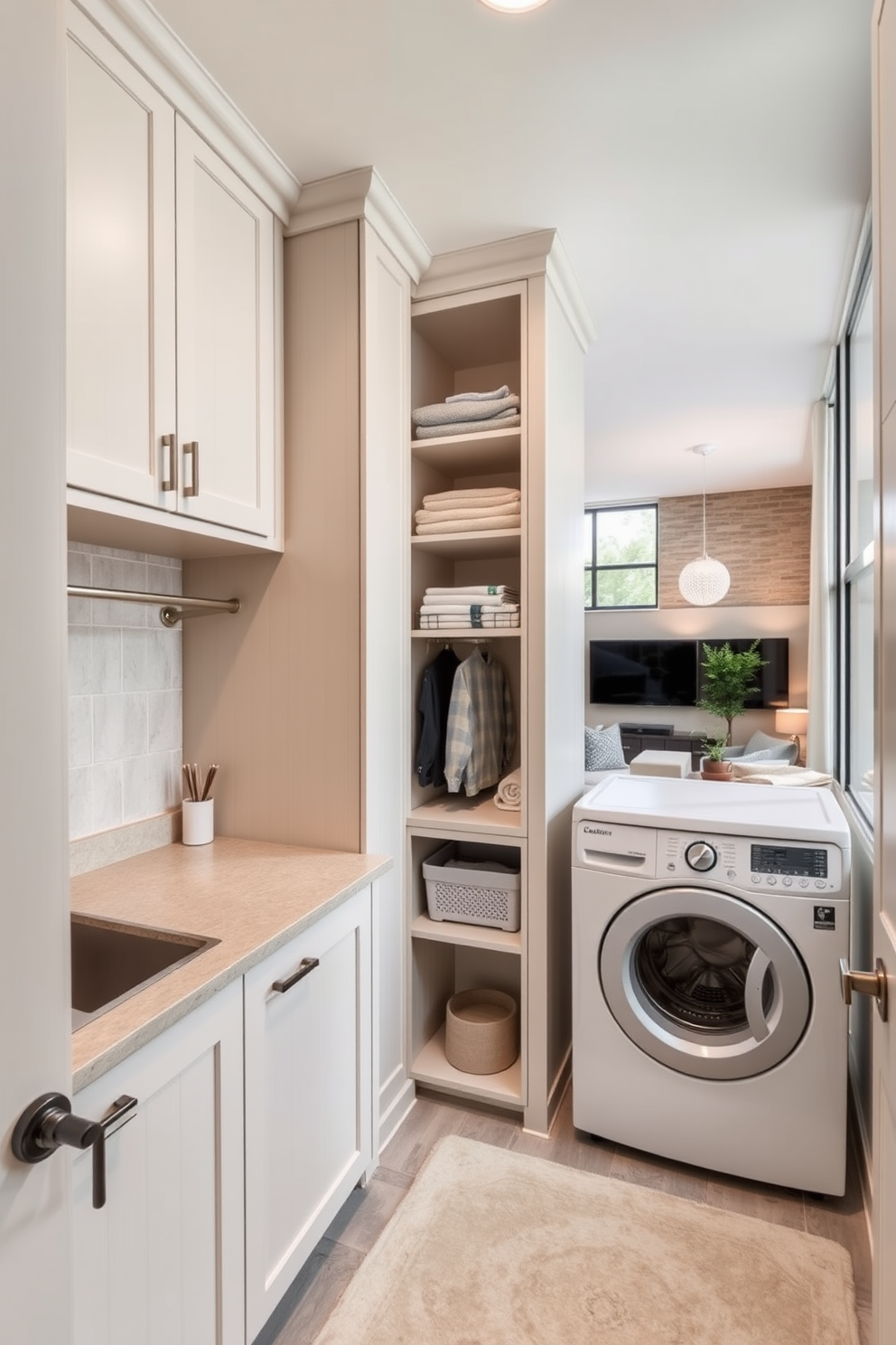 Functional laundry room featuring built-in cabinets for ample storage. The space includes a countertop for folding clothes and a utility sink for convenience. Two story apartment design ideas showcasing an open concept living area. The layout integrates the kitchen, dining, and living spaces for a seamless flow, with large windows allowing natural light to fill the rooms.