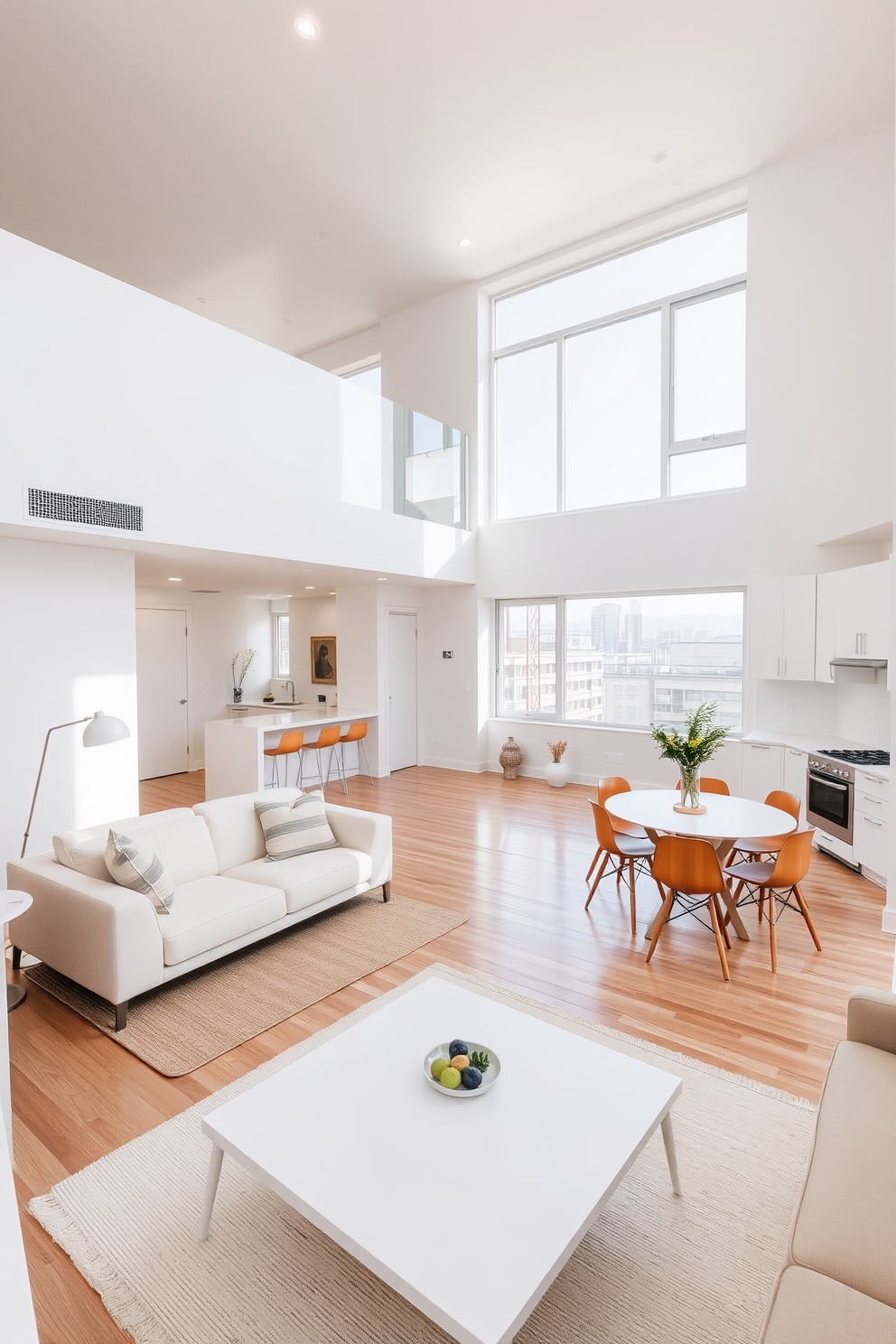 A spacious two-story apartment featuring minimalist decor with a neutral color palette. The living area boasts a light beige sofa paired with a sleek white coffee table, while large windows allow natural light to flood the room. The kitchen has clean lines and is equipped with white cabinetry and stainless steel appliances. A simple dining table with wooden chairs complements the open layout, creating a harmonious flow between spaces.