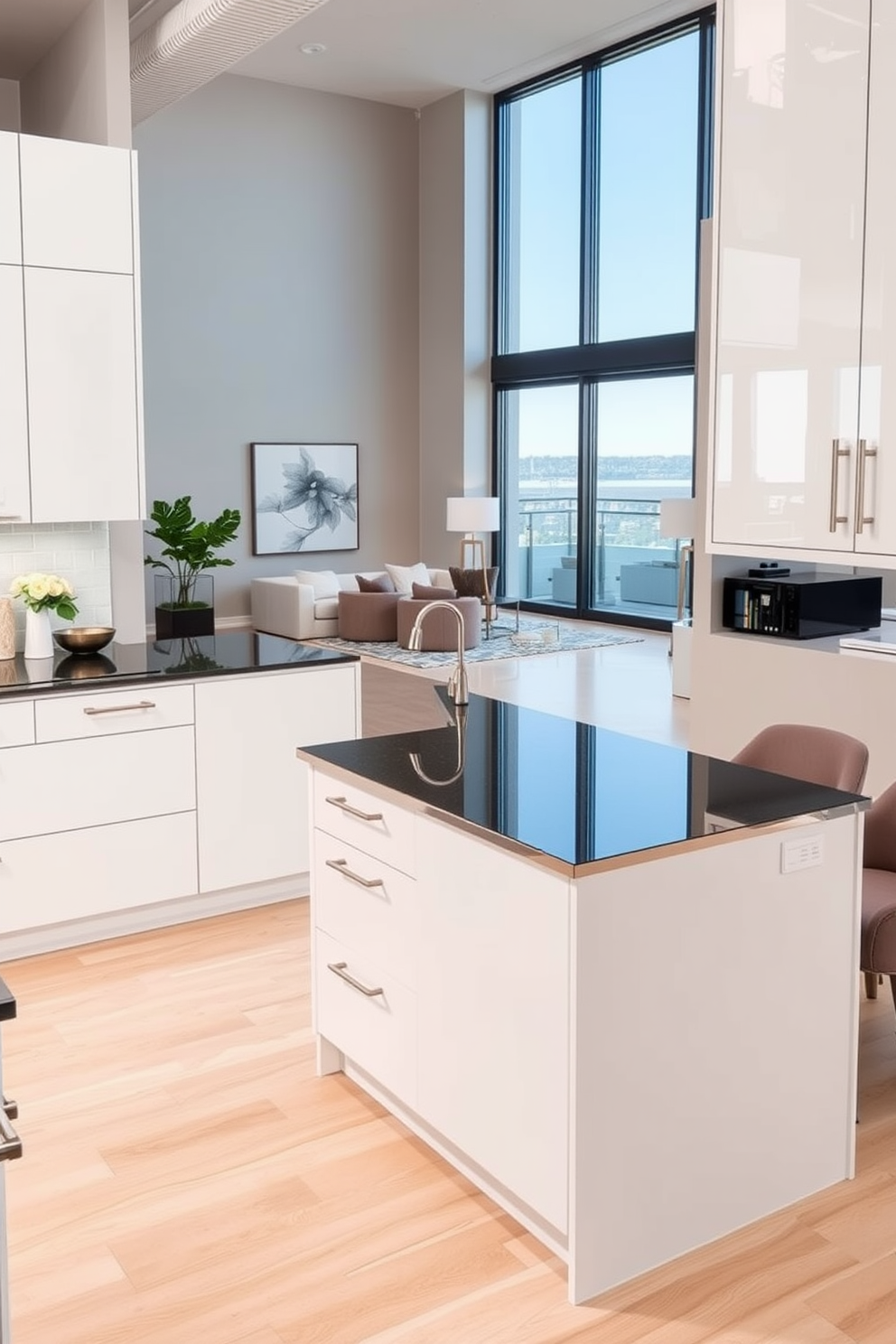 A sleek kitchen featuring a large island with seating for four. The cabinetry is a glossy white with brushed nickel hardware, and the countertops are a striking black quartz. The living area of a three-bedroom apartment is designed with an open concept in mind. Soft neutral tones dominate the space, complemented by modern furniture and large windows that allow natural light to flood in.