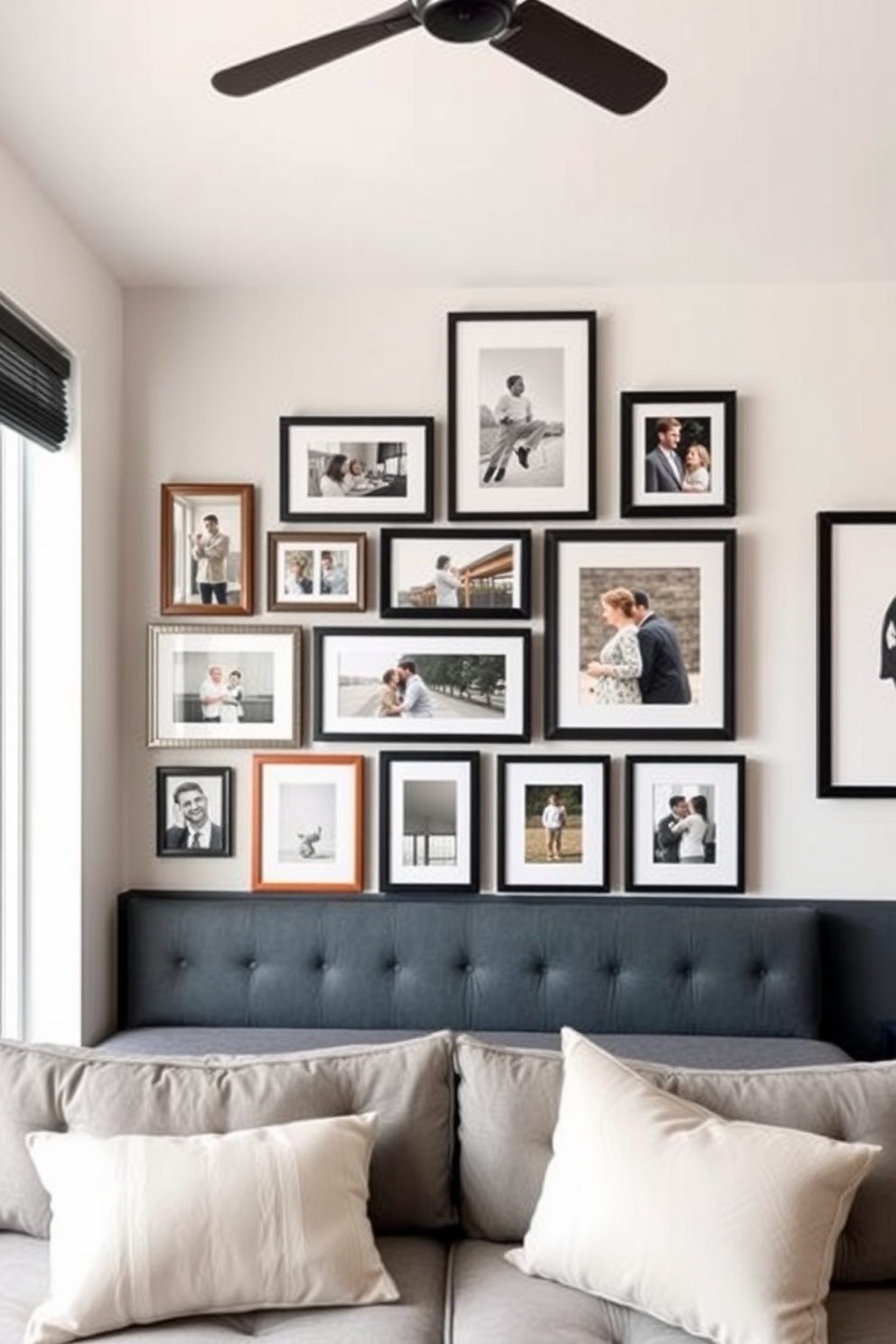 Create a personalized gallery wall for family photos featuring a mix of framed images in various sizes. The wall should have a cohesive color palette that complements the surrounding decor, with some frames in wood tones and others in sleek black. Design a three bedroom apartment that maximizes space while maintaining a stylish aesthetic. Each bedroom should have its own unique theme, incorporating comfortable furnishings and thoughtful storage solutions.