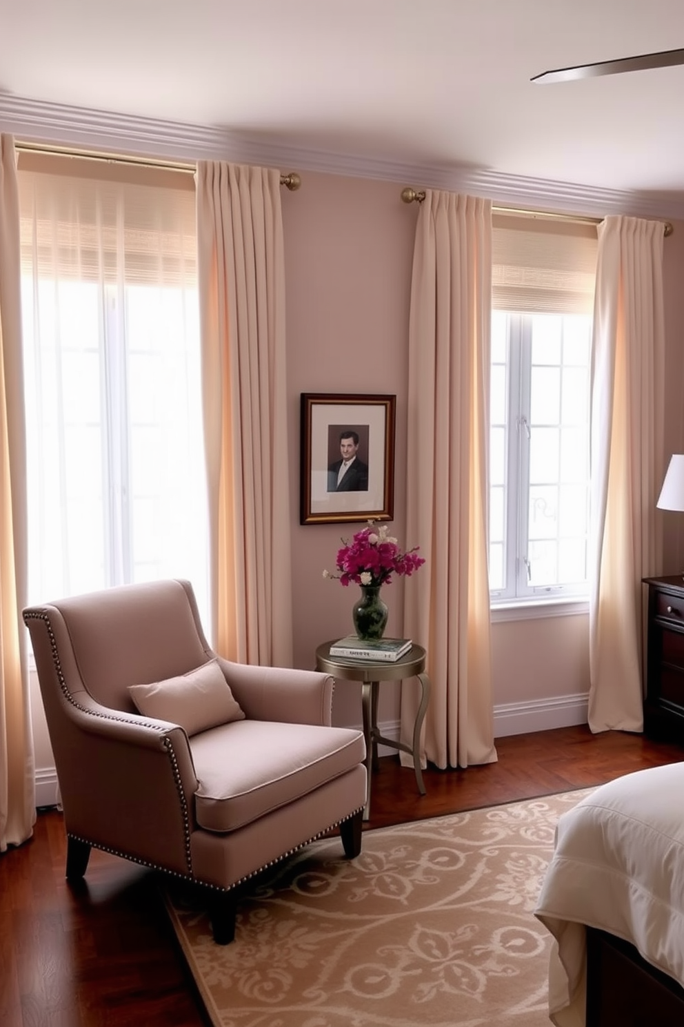 Elegant window treatments for privacy. The windows are adorned with floor-to-ceiling sheer curtains in a soft ivory color, allowing natural light to filter through while maintaining privacy. In the bedroom, a cozy reading nook is created with a plush armchair and a small side table, positioned near the window. The walls are painted in a calming pastel hue, complemented by a stylish area rug that ties the space together.