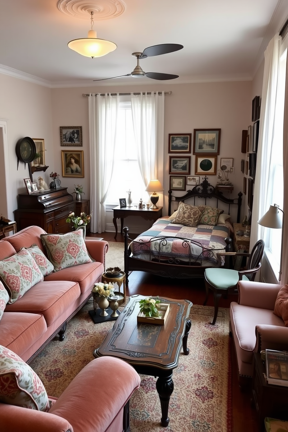 A cozy three bedroom apartment filled with vintage decor pieces that add character and charm. The living room features a plush velvet sofa adorned with patterned throw pillows and an antique coffee table with intricate carvings. In the first bedroom, a wrought iron bed frame is complemented by a patchwork quilt and a vintage dresser with ornate details. The second bedroom showcases a retro writing desk paired with a mid-century modern chair, creating a perfect nook for creativity. The third bedroom includes a collection of framed vintage prints on the walls and a cozy reading corner with a classic armchair. Throughout the apartment, warm lighting and carefully curated decor create an inviting atmosphere that feels both stylish and lived-in.