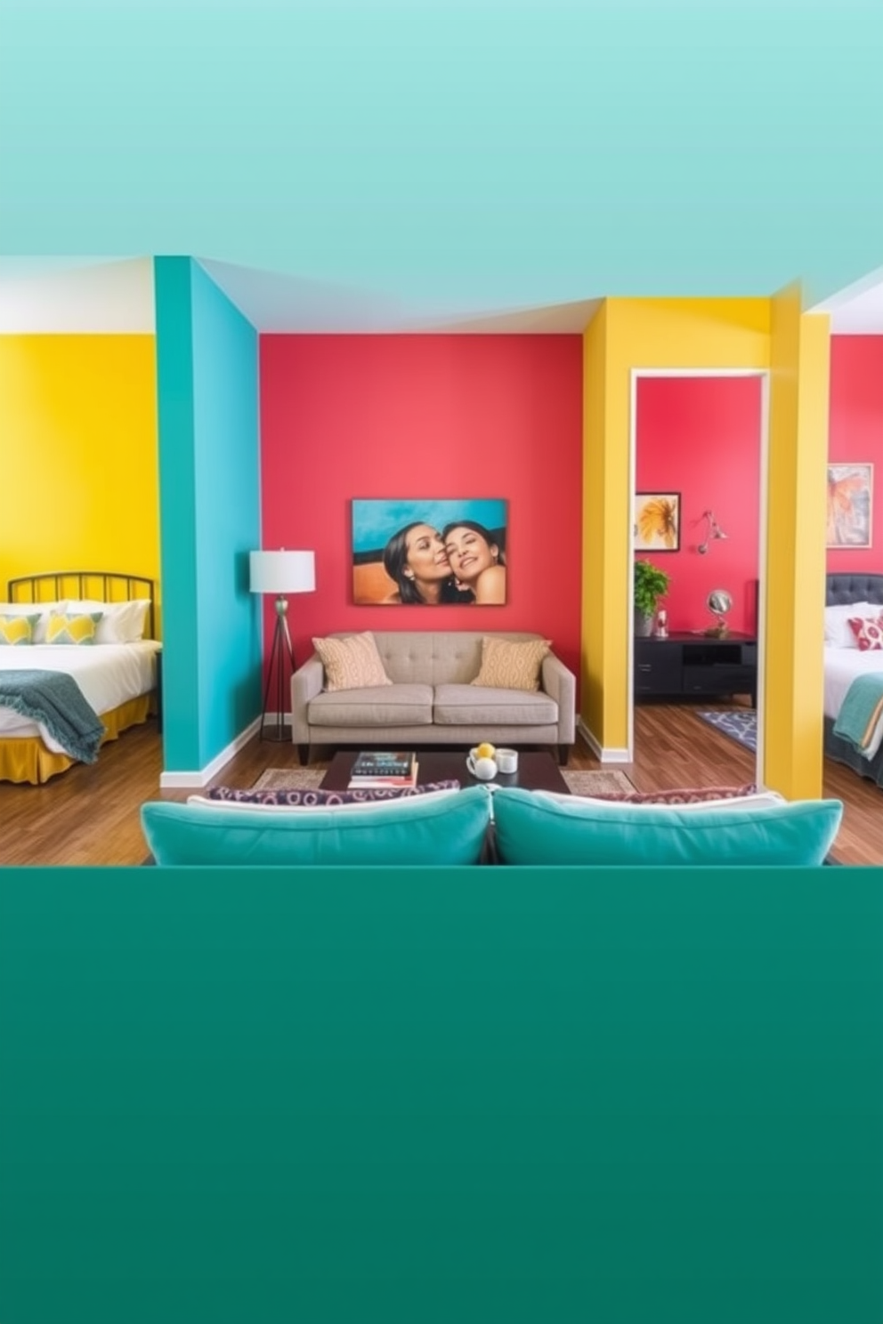 Bright accent walls create a lively atmosphere in a three-bedroom apartment. Each room features a different bold color, enhancing the overall vibrancy and energy of the space. The living room boasts a striking teal wall, complemented by a neutral sofa and colorful artwork. In the bedrooms, one showcases a sunny yellow accent wall, while another features a rich coral hue, harmonizing with soft bedding and decor.