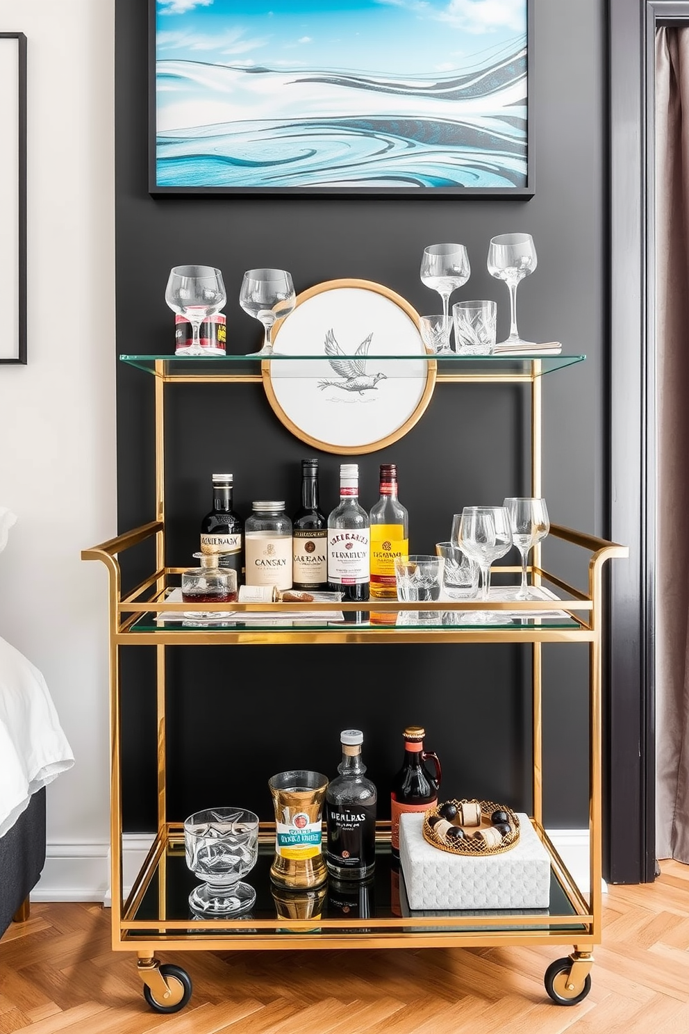 A stylish bar cart for entertaining guests. The cart features a sleek gold frame with glass shelves, adorned with an assortment of premium spirits and elegant glassware. Three bedroom apartment design ideas. Each bedroom showcases a unique theme, with one featuring a calming coastal palette, another embracing a bold urban aesthetic, and the third offering a cozy, rustic charm.