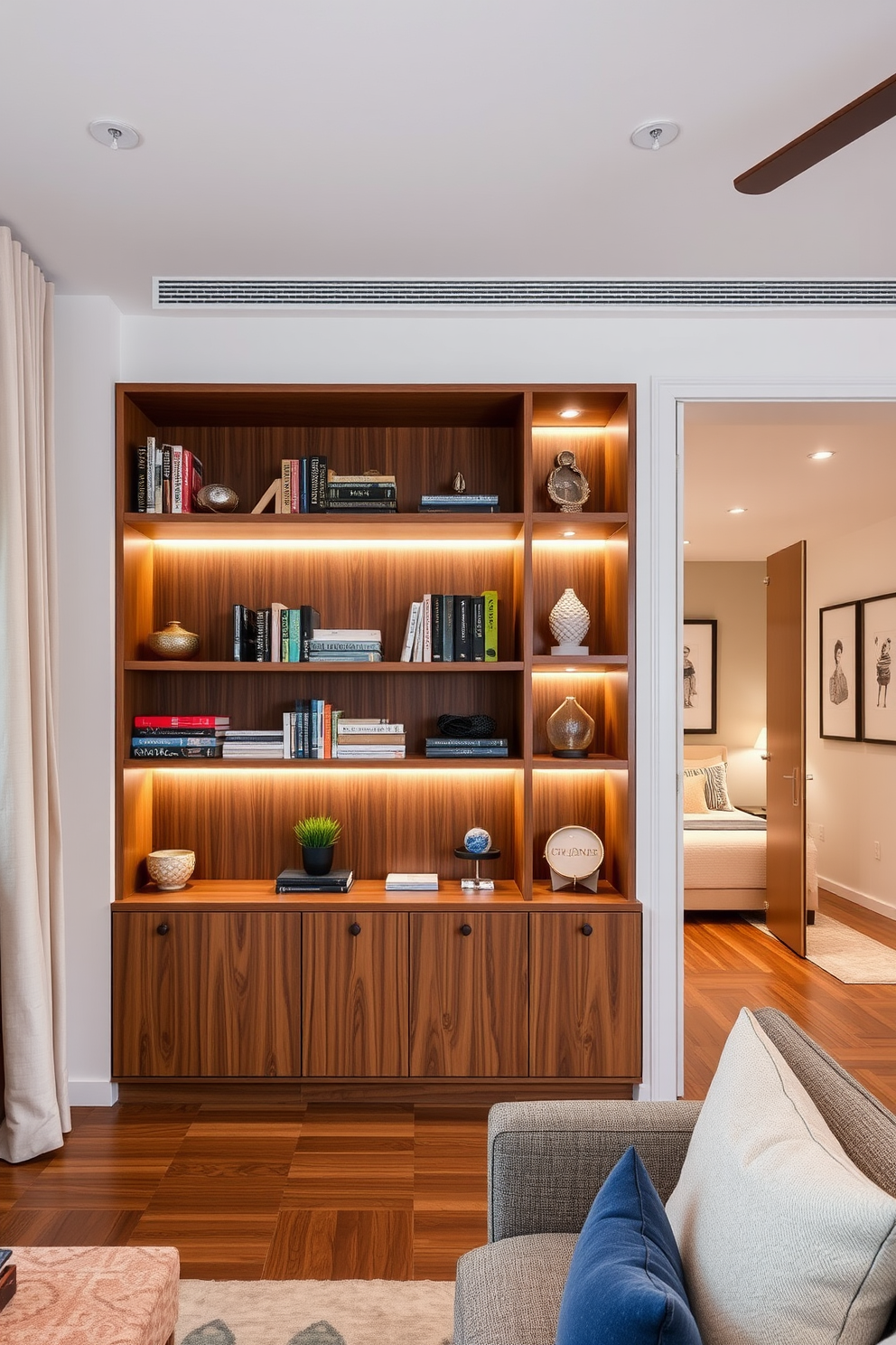 A cozy living room featuring built-in shelves that elegantly display a curated collection of books and decorative items. The shelves are crafted from rich wood, seamlessly integrated into the wall, and are adorned with soft lighting to highlight the decor. In a three-bedroom apartment, the design incorporates a harmonious blend of functionality and style. Each bedroom features unique color palettes and personalized decor, creating inviting and restful spaces for relaxation.