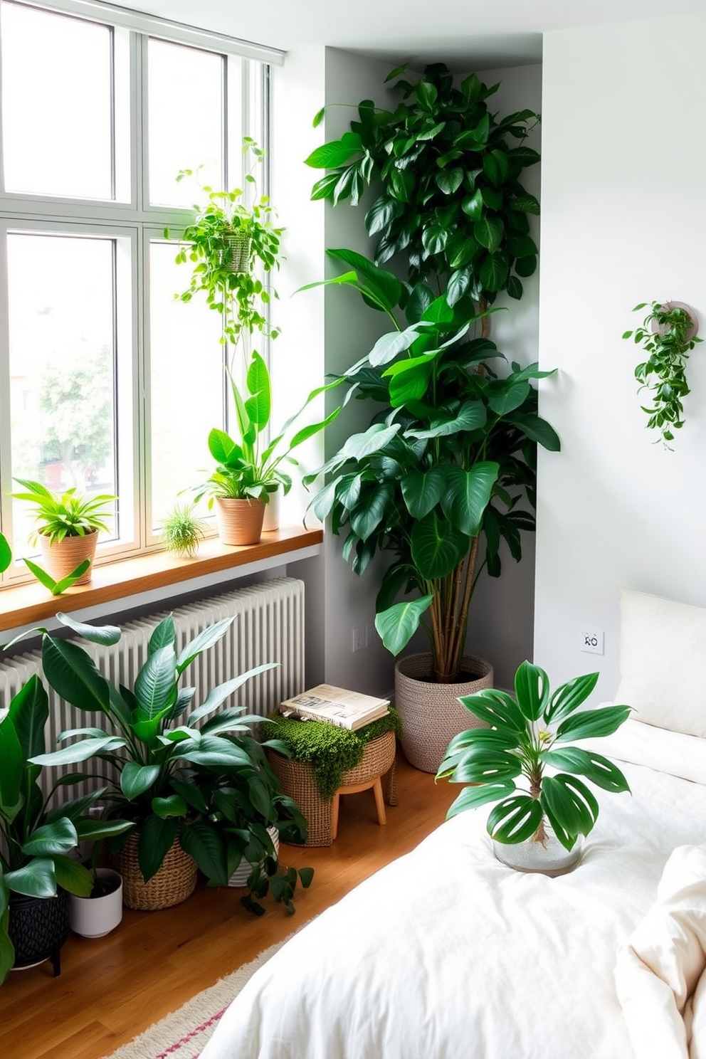 A serene three-bedroom apartment featuring abundant lush greenery throughout the space. The living room has floor-to-ceiling windows allowing natural light to flood in, complemented by potted plants in each corner for a calming effect. The master bedroom showcases a soft color palette with a large leafy plant beside the bed, creating a tranquil atmosphere. Each bedroom includes a small reading nook adorned with greenery, inviting relaxation and comfort.