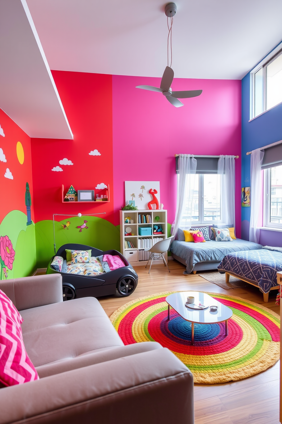 Playful kids room with creative themes. The walls are painted in bright colors with whimsical murals, featuring a cozy bed shaped like a car and a colorful rug in the shape of a rainbow. 3 Bedroom Apartment Design Ideas. The living area is open and airy with large windows, complemented by a modern sofa and a stylish coffee table, while each bedroom features unique decor that reflects individual personalities.