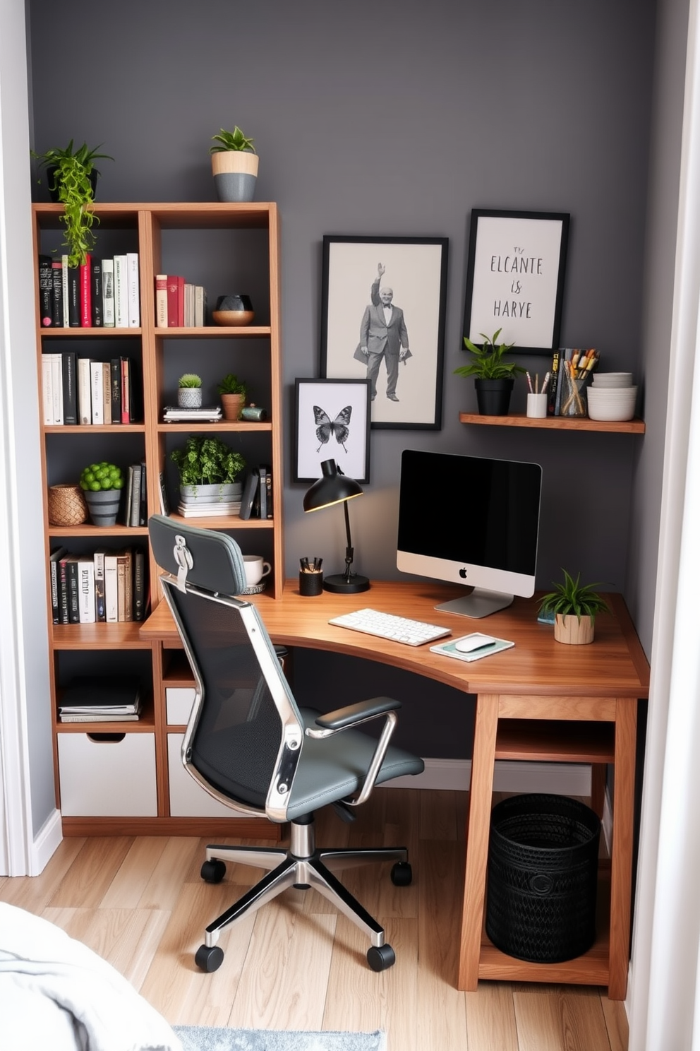 A cozy home office corner designed for productivity. It features a sleek wooden desk with a comfortable ergonomic chair, surrounded by shelves filled with books and plants. A modern three-bedroom apartment layout that maximizes space and functionality. Each bedroom includes a unique color scheme and personalized decor to create inviting and relaxing atmospheres.