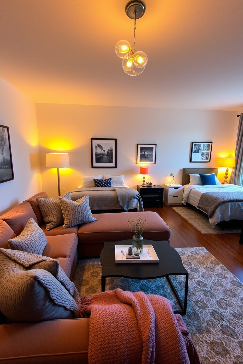 A cozy three-bedroom apartment features warm lighting that creates an inviting atmosphere during the evenings. Soft yellow bulbs illuminate the space, highlighting the plush furniture and warm color palette throughout the rooms. In the living area, a comfortable sectional sofa is adorned with textured throw pillows, while a stylish coffee table sits in the center. The bedrooms are designed with layered bedding, accent lamps, and personal touches that reflect the occupants' personalities.