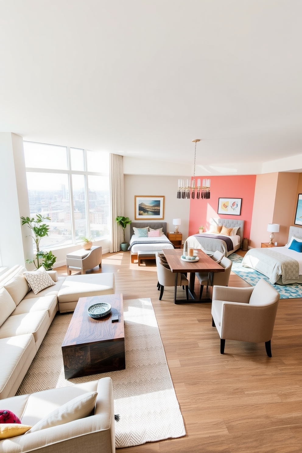 A spacious open concept living and dining area filled with natural light. The living room features a plush sectional sofa in a neutral tone and a stylish coffee table made of reclaimed wood. Adjacent to the living area, the dining space showcases a modern rectangular table surrounded by upholstered chairs. Large windows offer views of the cityscape, and a statement chandelier hangs above the table, adding elegance to the space. The three bedrooms are designed with comfort and style in mind. Each room features a unique color palette, with the master bedroom boasting a king-sized bed, soft linens, and a cozy reading nook by the window. The second bedroom serves as a guest room with a queen-sized bed and tasteful decor, while the third bedroom is designed as a vibrant children's room with playful accents and ample storage. Each bedroom has its own personality while maintaining a cohesive design throughout the apartment.