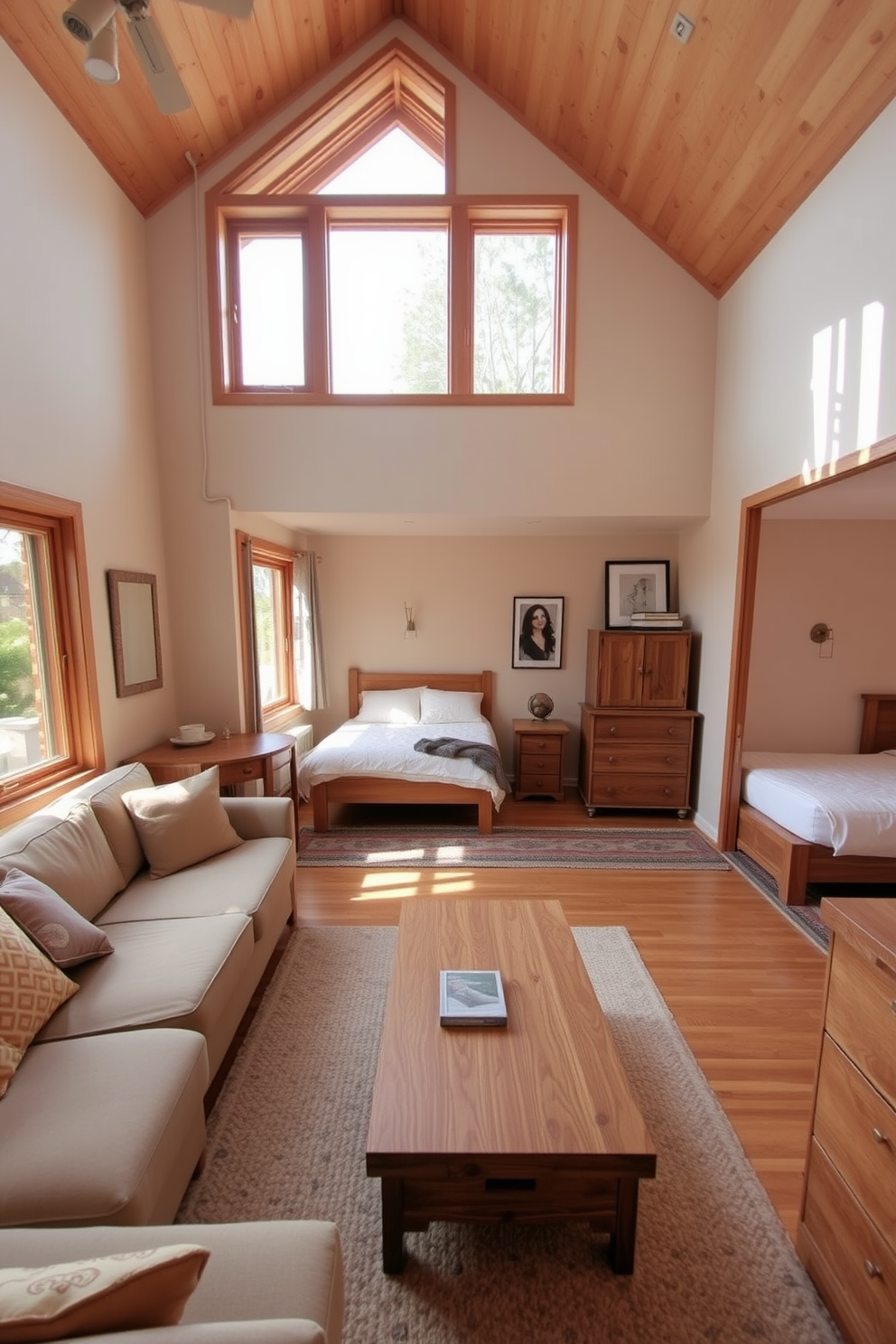 A cozy three-bedroom apartment featuring natural wood elements throughout the space. The living room showcases a wooden coffee table paired with a plush sofa, while large windows allow natural light to flood the area. In the master bedroom, a wooden bed frame complements soft linens and warm lighting. The second bedroom includes a wooden desk perfect for a home office setup, creating a harmonious balance between functionality and comfort. The third bedroom is designed as a guest room, featuring a wooden dresser and subtle decor that invites relaxation. Each room incorporates wooden accents, enhancing the overall warmth and inviting atmosphere of the apartment.