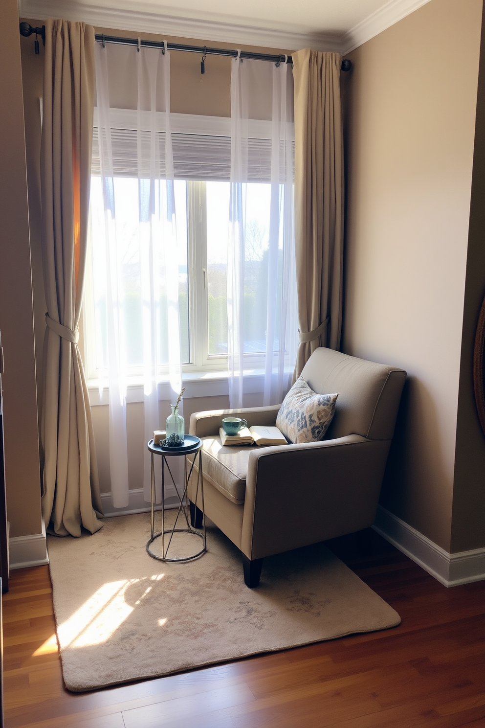 Cozy reading nook by the window with a plush armchair upholstered in soft fabric. A small side table holds a steaming cup of tea and a stack of books, while natural light floods the space through sheer curtains. The walls are painted in a warm beige tone, creating an inviting atmosphere. A soft area rug in muted colors anchors the nook, adding comfort and texture to the hardwood floor.