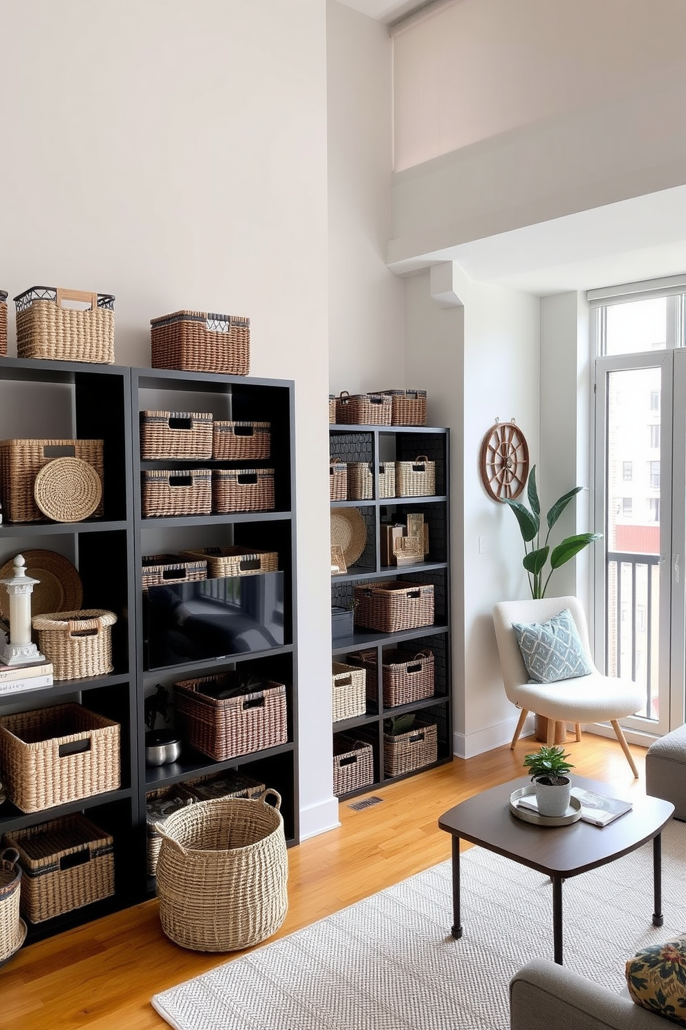 A stylish living room features decorative storage baskets arranged neatly on shelves and in corners for organization. The space is designed with a modern aesthetic, incorporating a neutral color palette with pops of color from the baskets. The layout of the 500 sqft apartment maximizes functionality while maintaining a cozy atmosphere. Natural light floods the room through large windows, highlighting the textures of the baskets and the surrounding decor.