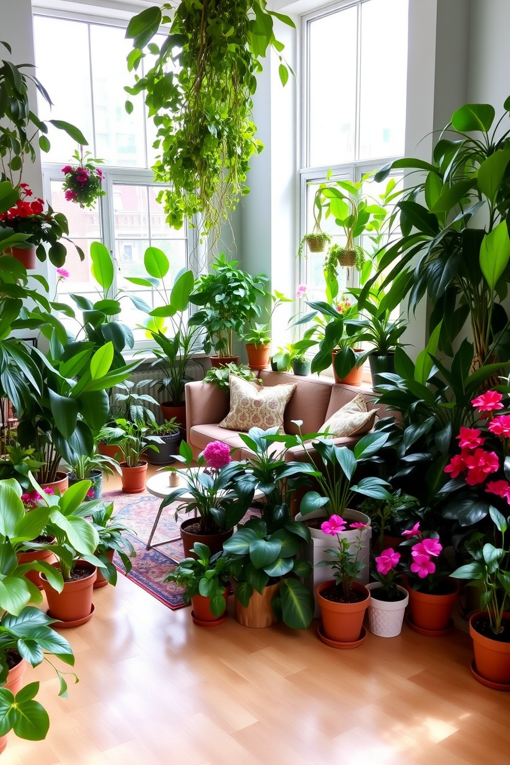 A vibrant living space filled with various indoor plants that enhance the atmosphere. The layout includes a cozy seating area with a plush sofa and a coffee table surrounded by greenery. Large windows allow natural light to flood the room, creating a bright and inviting environment. A combination of hanging plants and potted greenery adds layers and depth to the design.