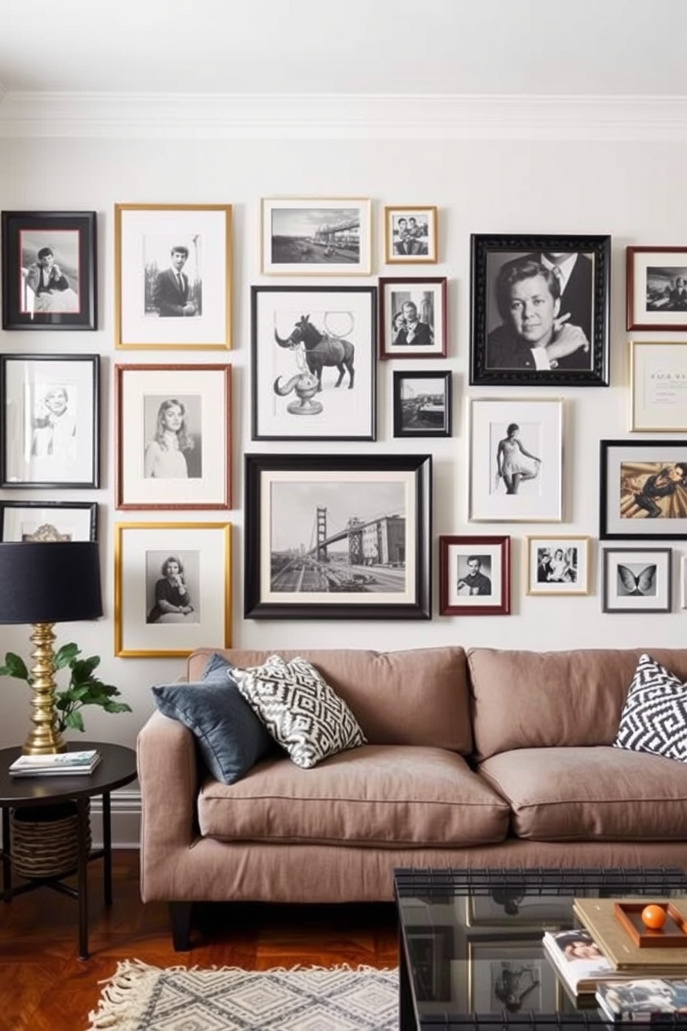 Create an art gallery wall in a 500 square foot apartment that showcases a curated collection of framed artwork and photographs. The wall features a mix of sizes and styles, arranged in an eclectic yet harmonious layout that adds a personal touch to the living space.