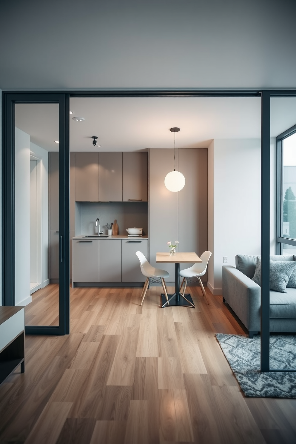 A modern 500 square foot apartment featuring sliding doors to maximize floor space. The living area seamlessly integrates with the kitchen, showcasing a minimalist design with sleek cabinetry and a compact dining table.