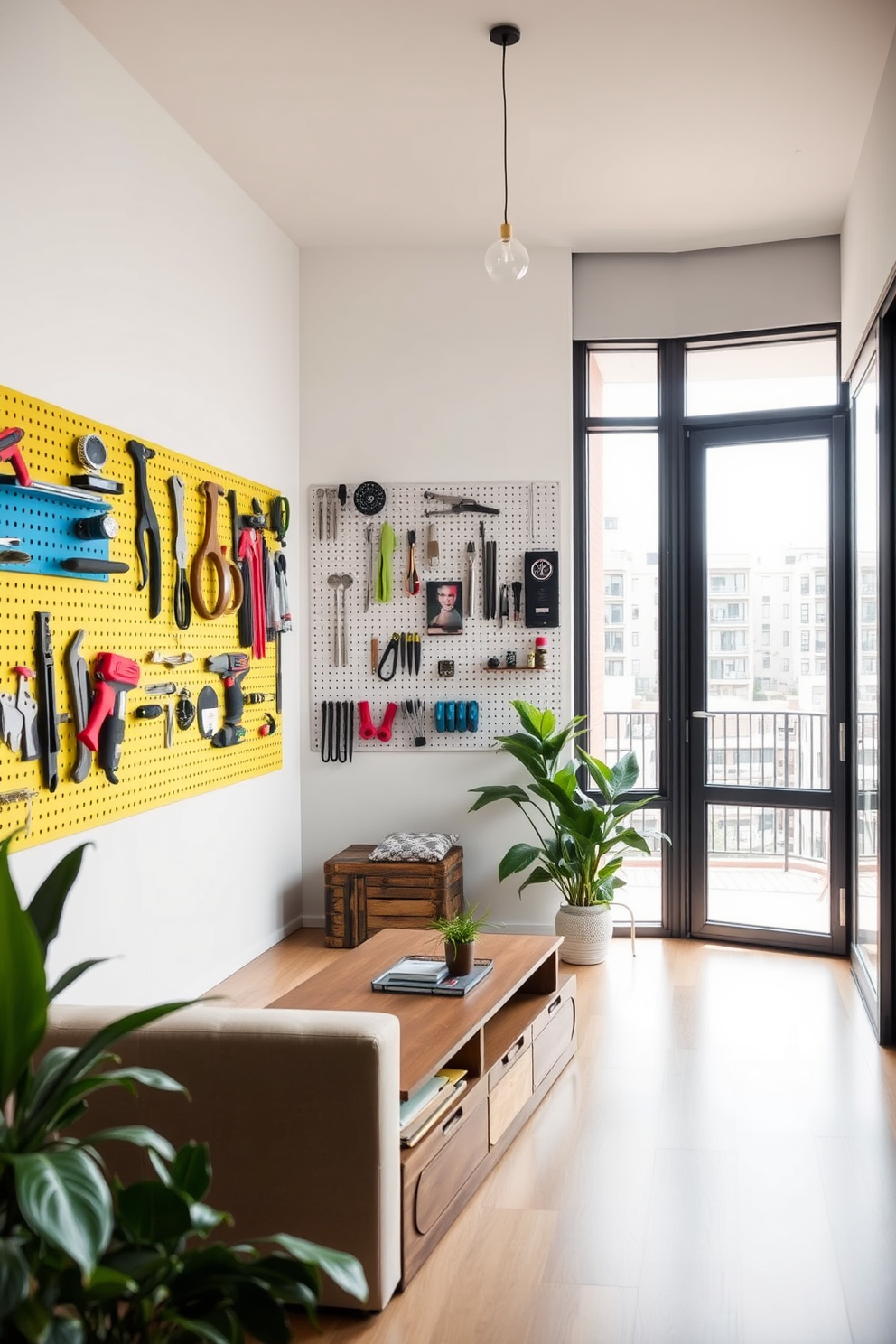 A modern apartment design featuring a creative organization system using pegboards. The walls are adorned with colorful pegboards displaying various tools and decorative items, enhancing both functionality and aesthetics. The living area includes a compact sofa and a multi-functional coffee table that doubles as storage. Natural light floods the space through large windows, complemented by indoor plants that bring a touch of greenery.