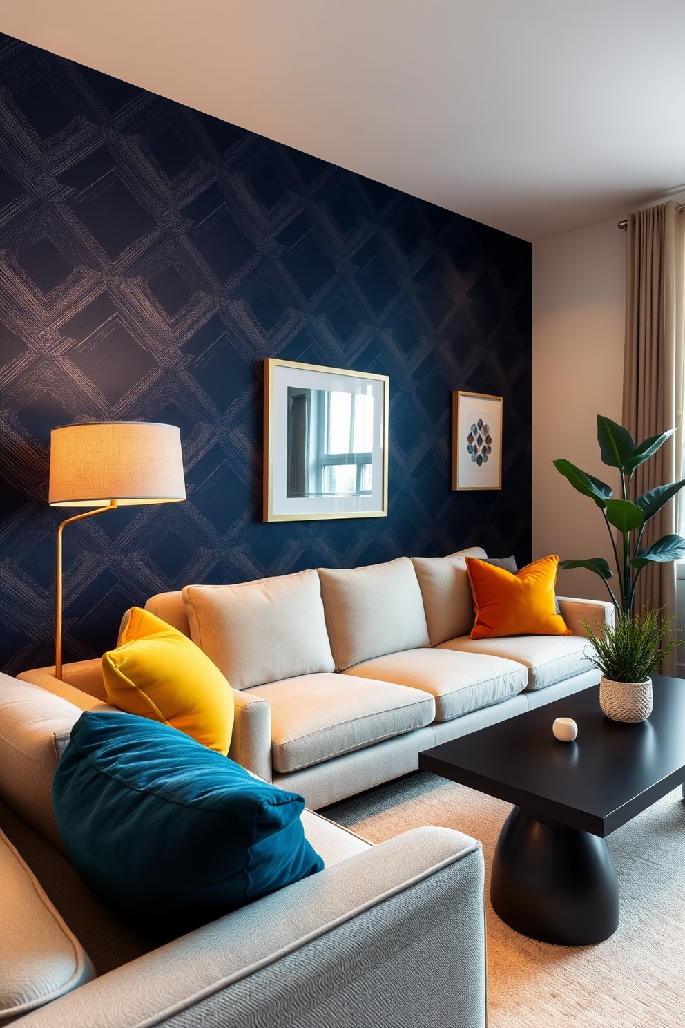 Create a stylish accent wall in a 500 square foot apartment that features a bold geometric pattern in shades of navy blue and gold. The wall should serve as a stunning focal point, complemented by minimalist furniture and warm lighting to enhance the overall ambiance. Incorporate a cozy seating area with a plush sofa and vibrant throw pillows that echo the colors of the accent wall. Add a few carefully selected art pieces and indoor plants to bring life and personality to the space.