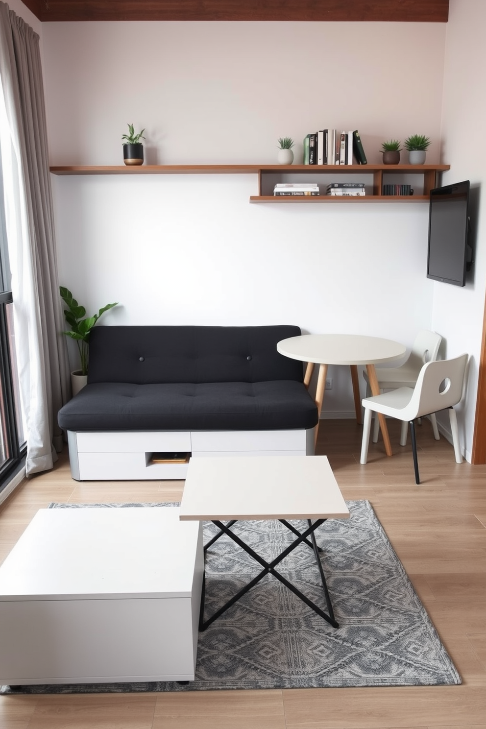 A modern living space featuring multifunctional furniture designed for a 500 sqft apartment. The room includes a sleek sofa bed that can be transformed into a comfortable sleeping area, paired with a compact coffee table that doubles as a storage unit. In the corner, a wall-mounted desk provides a workspace that can be folded away when not in use. The color palette consists of light neutrals to create an airy feel, with pops of color from decorative cushions and artwork.