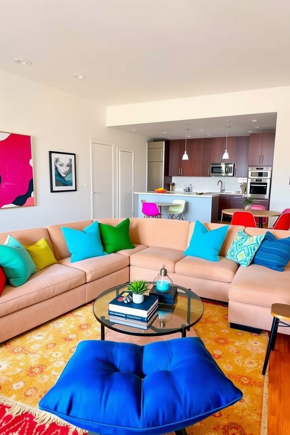 A vibrant living room filled with colorful accent pillows arranged on a plush sectional sofa. The walls are painted in a soft neutral tone, and a stylish coffee table sits in the center, adorned with a few decorative books and a small plant. An open-concept layout connects the living space to a modern kitchen featuring sleek cabinetry and stainless steel appliances. The dining area includes a chic table surrounded by mismatched chairs, enhancing the eclectic yet cohesive design of the 500 sqft apartment.