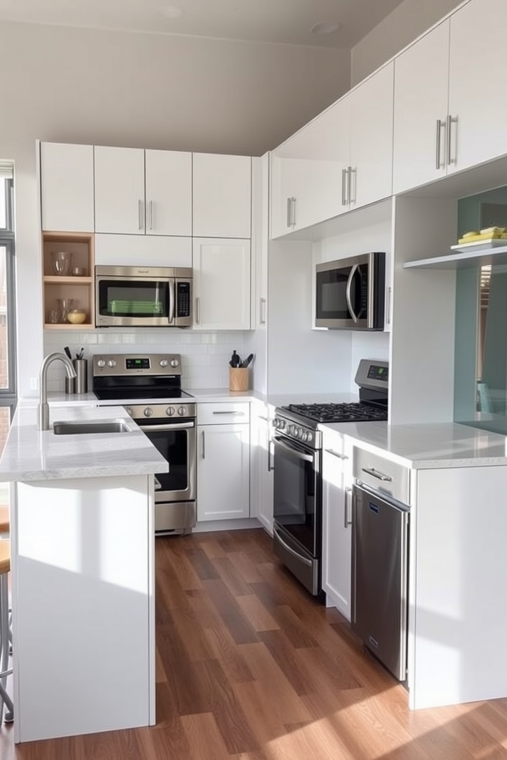 A functional entryway designed for a 500 sqft apartment features a sleek wooden bench with built-in storage underneath. Hooks are mounted on the wall for coats and bags, while a decorative mirror enhances the space and adds depth.