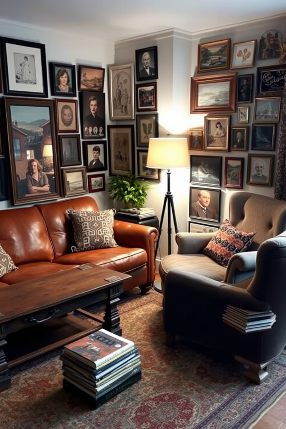 A cozy living room filled with vintage decor that exudes unique character. The space features a distressed leather sofa paired with an antique wooden coffee table and an eclectic mix of patterned throw pillows. On the walls, a gallery of vintage framed art and photographs creates a personal touch. A retro floor lamp stands in the corner, illuminating a cozy reading nook complete with a plush armchair and a stack of well-loved books.