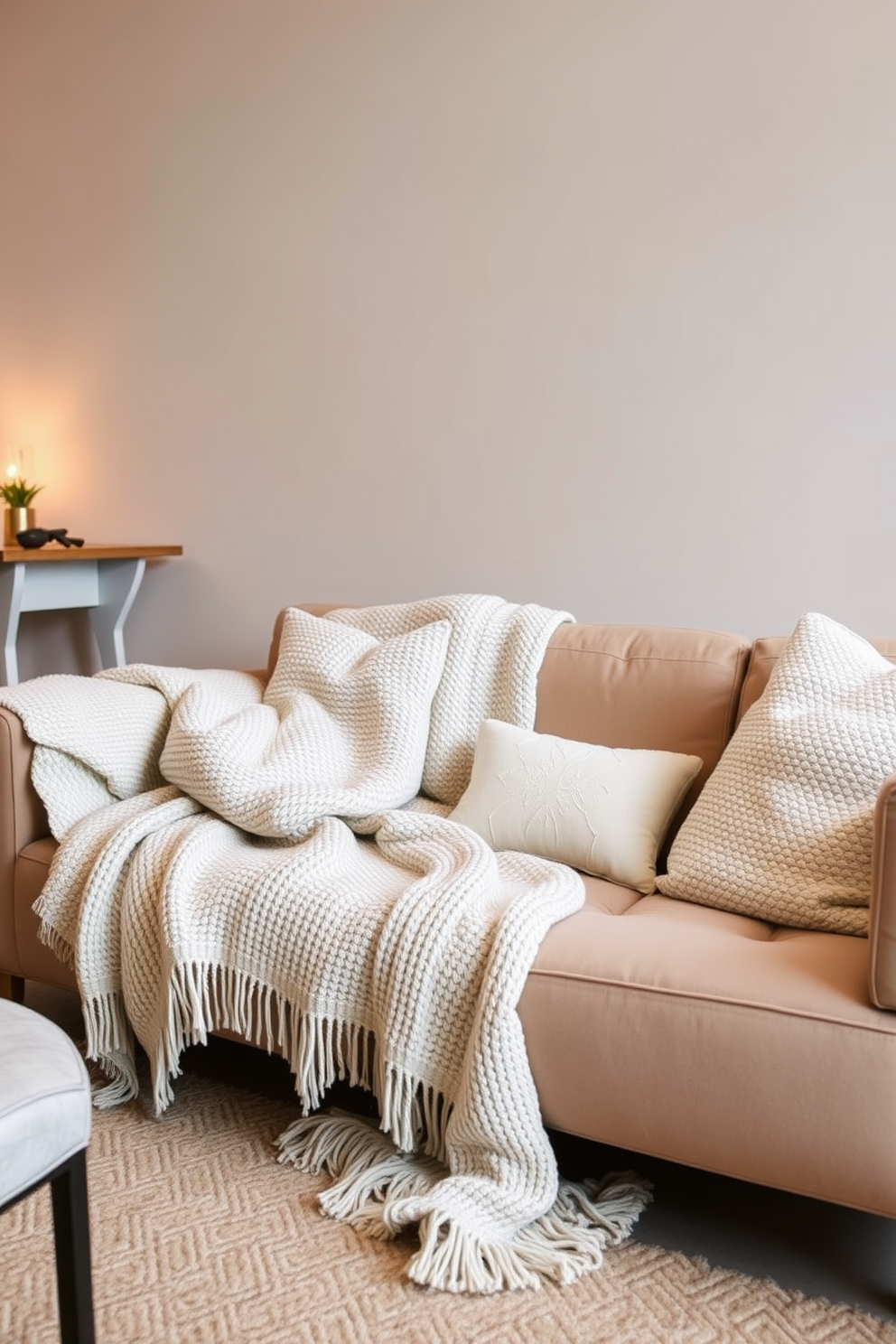 Create a cozy atmosphere in a 500 square foot apartment with textured throws draped over a plush sofa. Incorporate warm lighting and soft pillows to enhance the inviting feel of the living space.