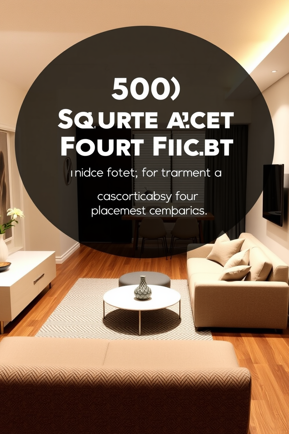 A stylish 500 square foot apartment featuring strategic furniture placement for optimal flow. The living area seamlessly connects to the dining space, with a cozy sofa positioned to encourage conversation and a sleek dining table nearby for easy access.