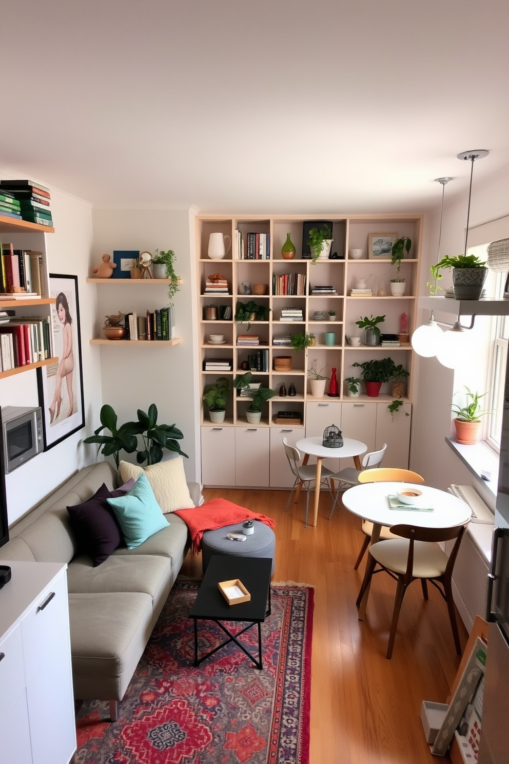 A cozy 500 square foot apartment featuring a stylish living area with corner shelves filled with books and decorative items. The layout includes a compact sofa positioned to maximize space, complemented by a small coffee table and a vibrant area rug. The kitchen area is designed with open shelving in the corners, showcasing colorful dishware and plants. A dining nook with a round table and chairs is nestled by the window, creating an inviting atmosphere for meals.