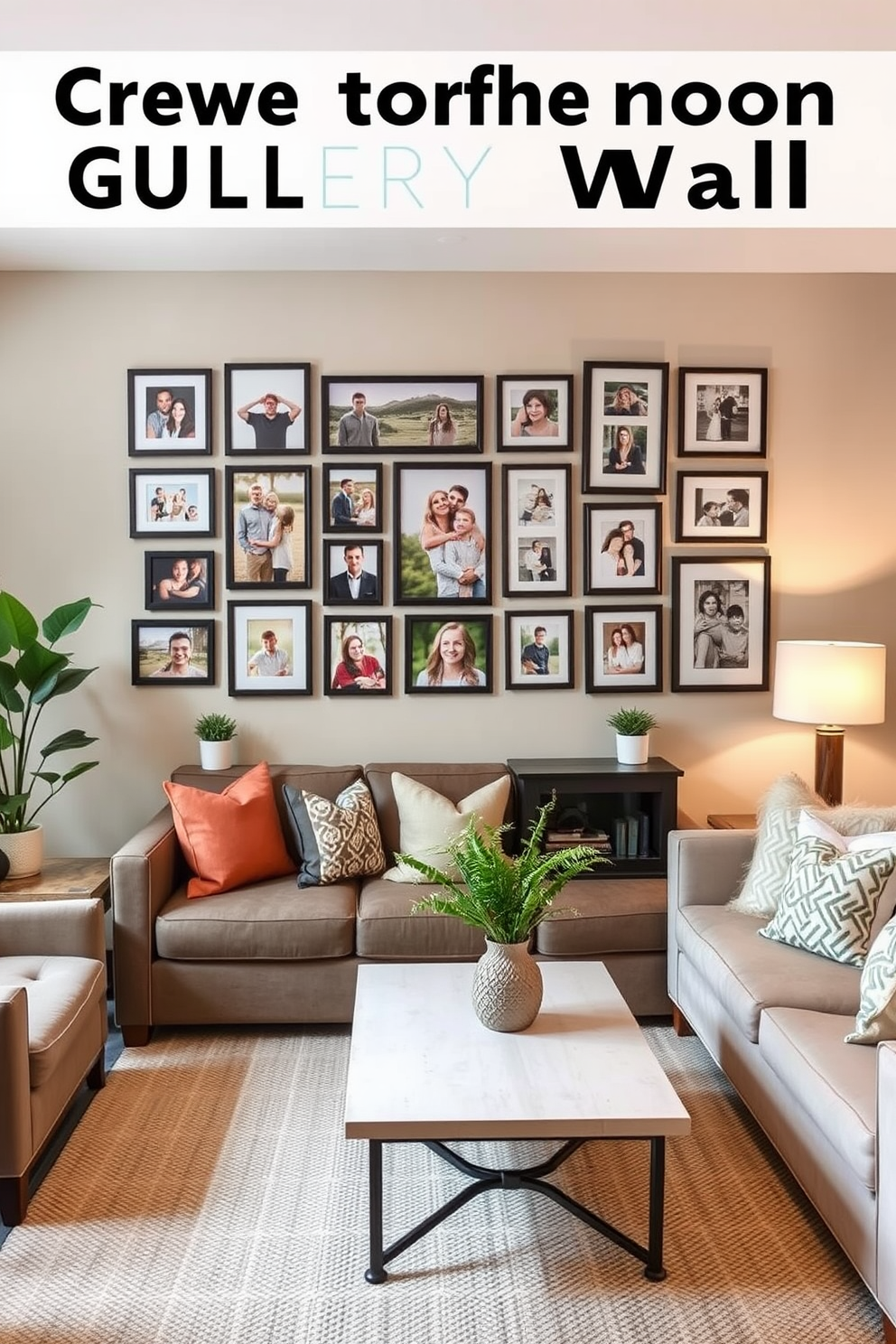 Create a cozy living room that features a personalized photo display on a gallery wall. The space should include a comfortable sofa, a coffee table, and warm lighting to enhance the inviting atmosphere. Incorporate a mix of framed family photos and art pieces to add character. Use a neutral color palette with pops of color from decorative cushions and plants to create a welcoming environment.