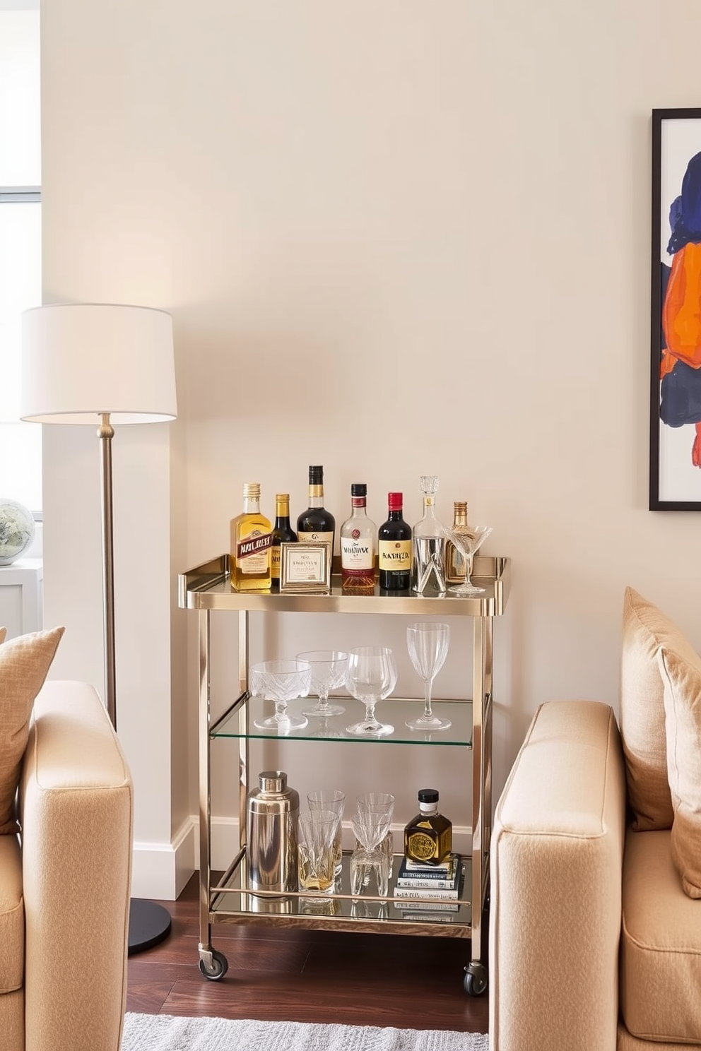 A stylish bar cart is placed against a wall in a chic apartment living area. The cart features a sleek metallic frame with glass shelves, showcasing an array of premium spirits, elegant glassware, and decorative cocktail accessories. Surrounding the bar cart, plush seating options create an inviting atmosphere for entertaining guests. Soft lighting from a nearby floor lamp enhances the cozy ambiance, while a vibrant piece of artwork adds a pop of color to the space.