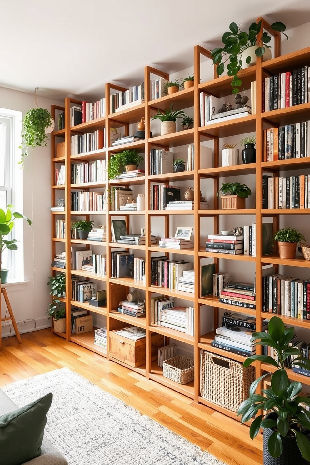 Open shelving creates an airy feel while maximizing vertical storage in a 500 sqft apartment. The shelves are filled with a curated selection of books, plants, and decorative items, enhancing both functionality and aesthetics.