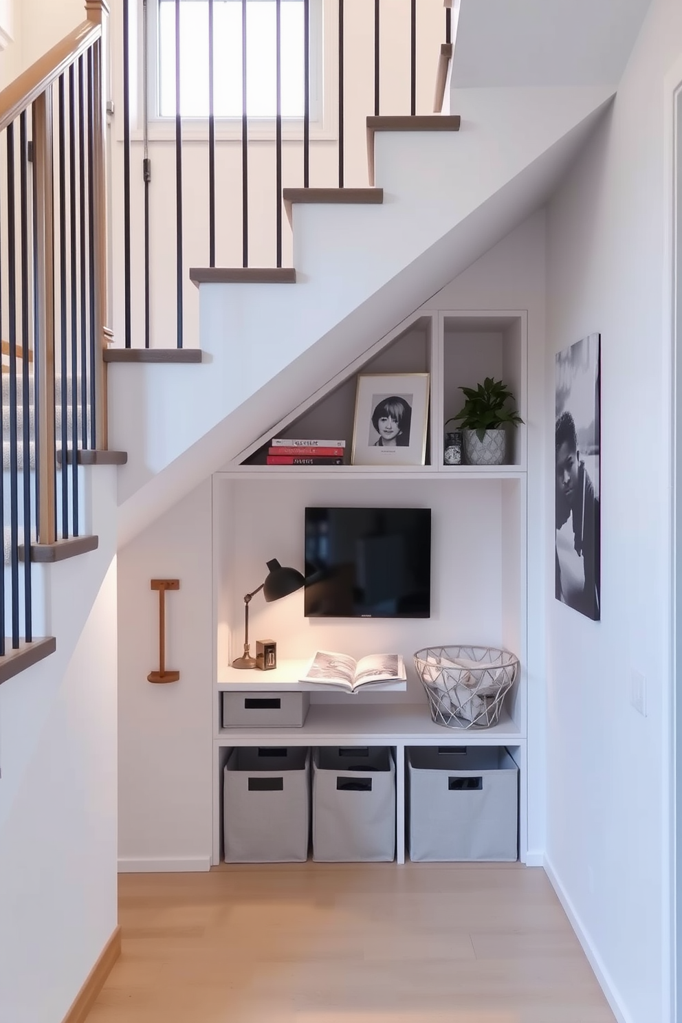 A modern apartment design featuring creative under-stair storage solutions. The area beneath the staircase is transformed into a functional workspace with built-in shelves and a cozy reading nook. The walls are painted in a light, airy color to enhance the sense of space. Stylish storage bins and decorative elements add personality while maintaining organization in the compact area.