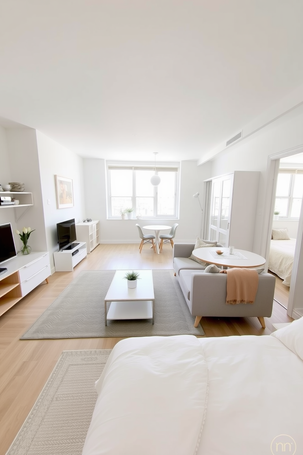 A bright and airy 500 square foot apartment featuring a light color palette that enhances the sense of space. The living area is designed with soft pastel walls, complemented by a cozy light gray sofa and a minimalist white coffee table. In the kitchen, sleek white cabinetry and light wood accents create a fresh atmosphere. A small dining nook with a round table and light-colored chairs invites casual meals and gatherings. The bedroom showcases a soft cream bedspread and light wood furniture, fostering a serene environment. Large windows allow natural light to flood the space, further enhancing the airy feel.