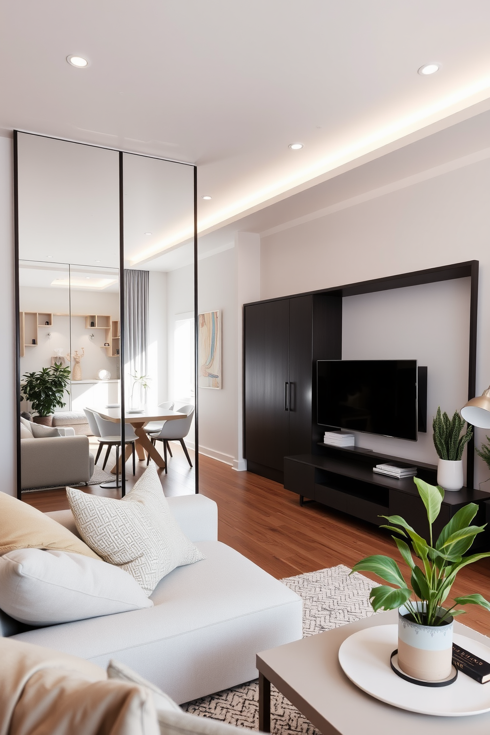 A modern apartment design featuring strategically placed mirrors to create an illusion of space. The living area is bright and airy with a neutral color palette, complemented by sleek furniture and minimalistic decor. The mirrors reflect natural light, enhancing the overall ambiance of the 500 sqft apartment. Soft textiles and greenery add warmth and comfort to the contemporary setting.